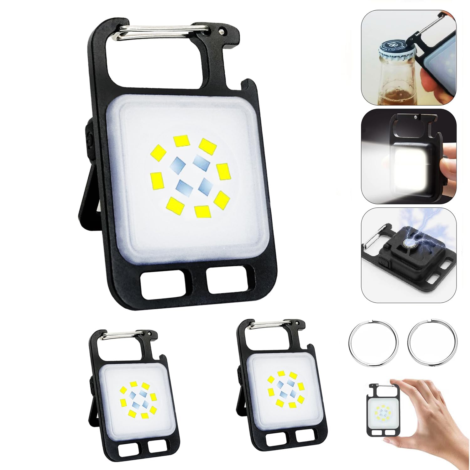 Mmxiang Cob Keychain Work Light, 4 Mode Emergency Light With Magnet Base, Bracket, Bottle Opener - 3 Pack