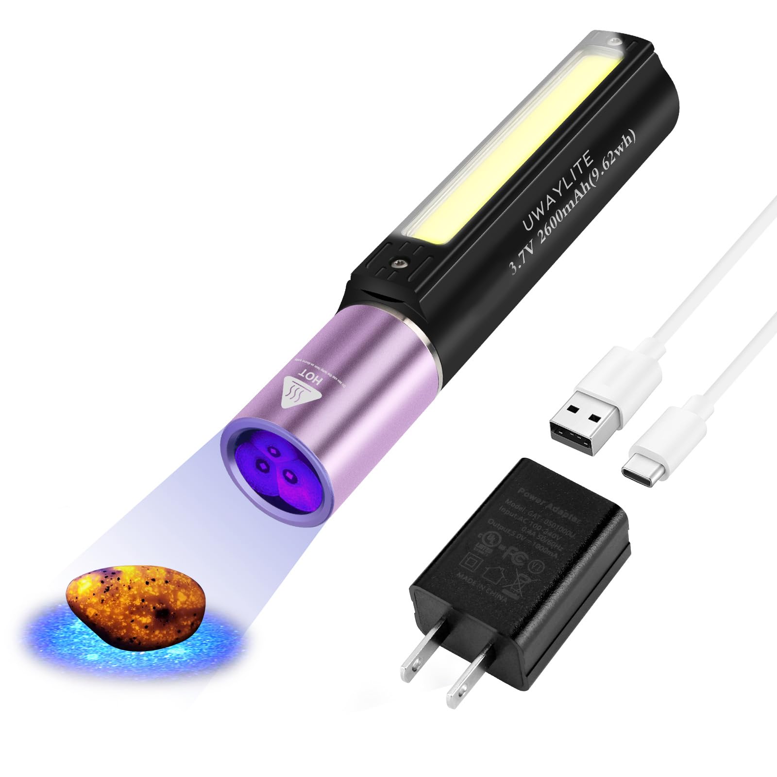 Uwaylite V2 365Nm Black Light Uv Flashlight With 3 Led, Rechargeable 2 In 1 Led Tactical Flashlight For Pet Urine Detection, Resin Curing, Rockhounding