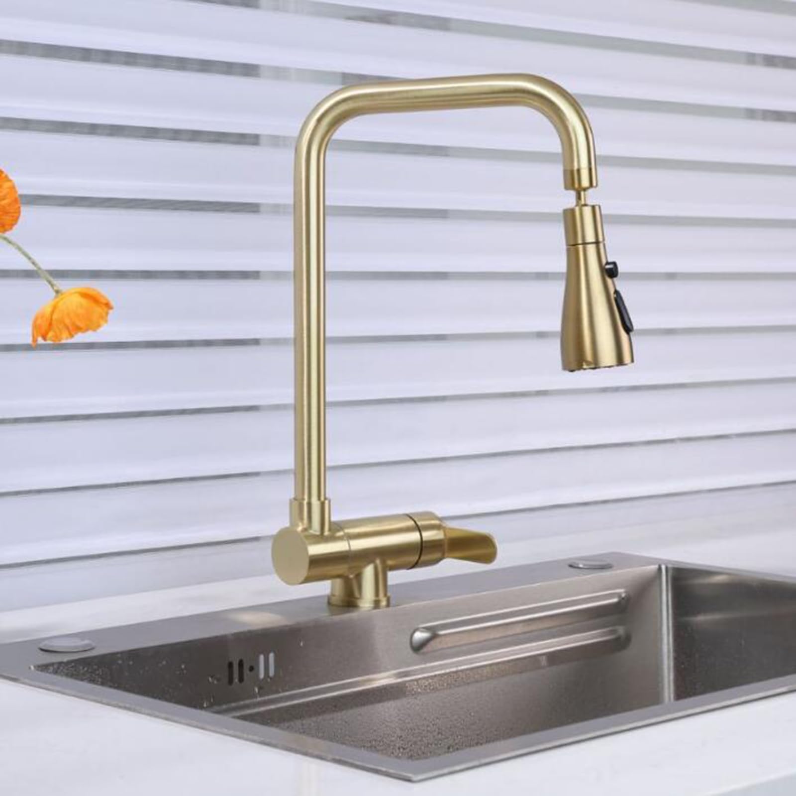 Zpspz Kitchen Faucet Folding Inside Window Single Handle Hot And Cold Water Stainless Steel 360° Rotation Kitchen Mixer Faucet Folding-Brushed Gold