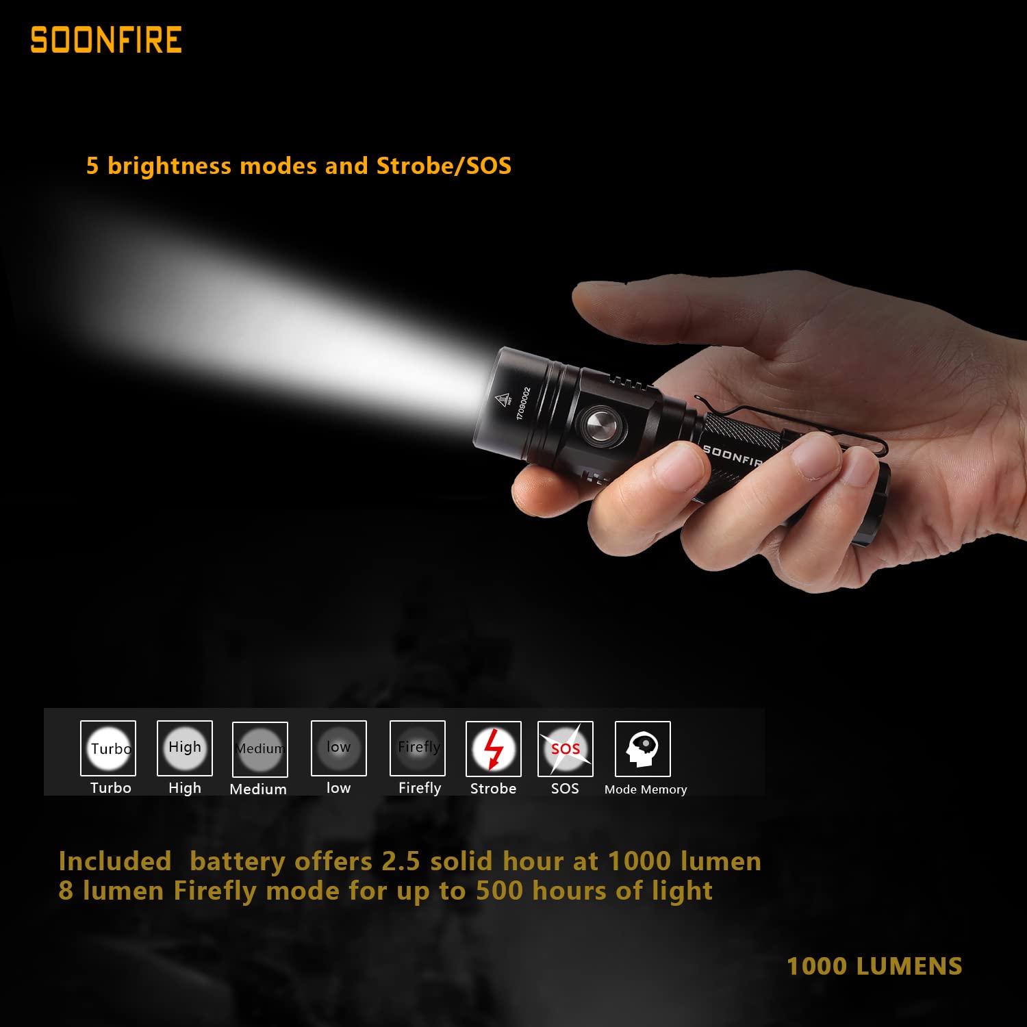 Soonfire 1000 Lumens White Led Flashlight, E Usb Rechargeable Waterproof Compact Edc Law Enforcement Flashlights (Camping, Emergency Use And Security)