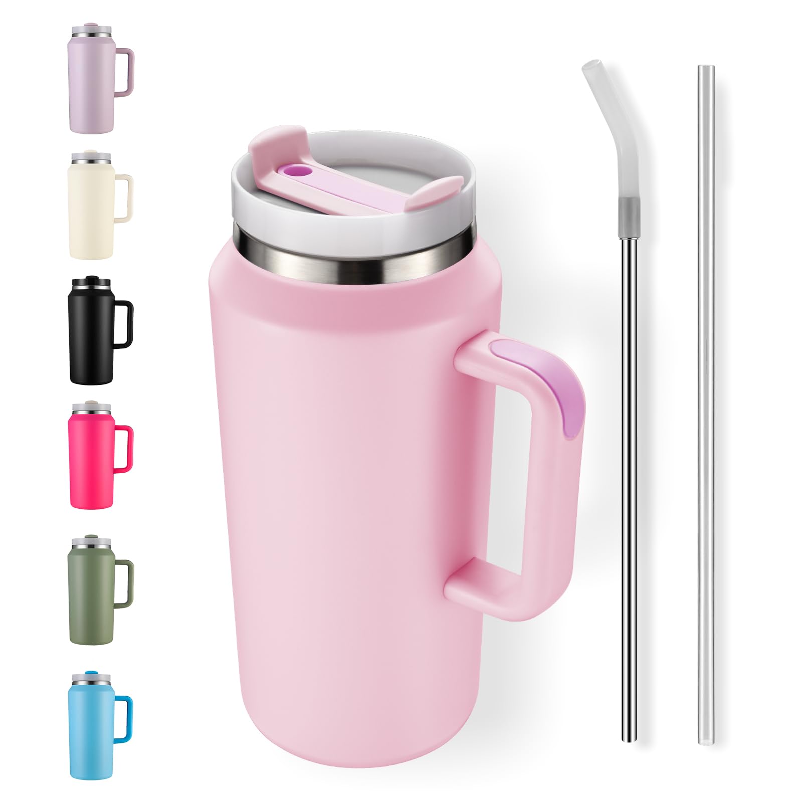 64Oz Insulated Tumbler With Handle, Stainless Steel Double Wall Vacuumn Water Bottle