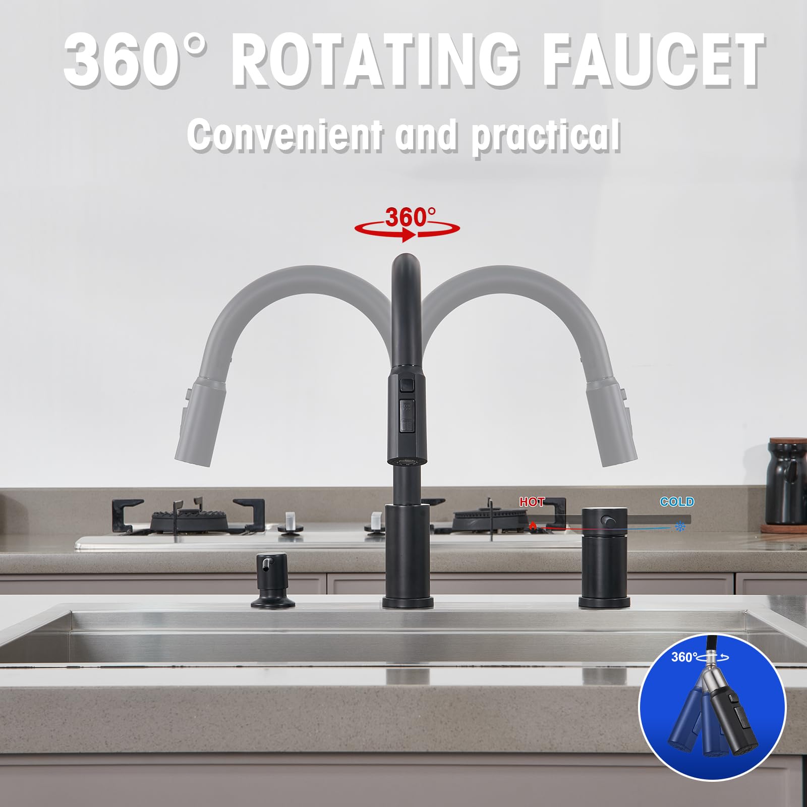 Tohlar Kitchen Faucets With Soap Dispenser Solid Stainless Steel Kitchen Faucet With Pull Out Sprayer 3 Modes Matte Black Modern Kitchen Sink Faucets High Arc Single Handle Faucet