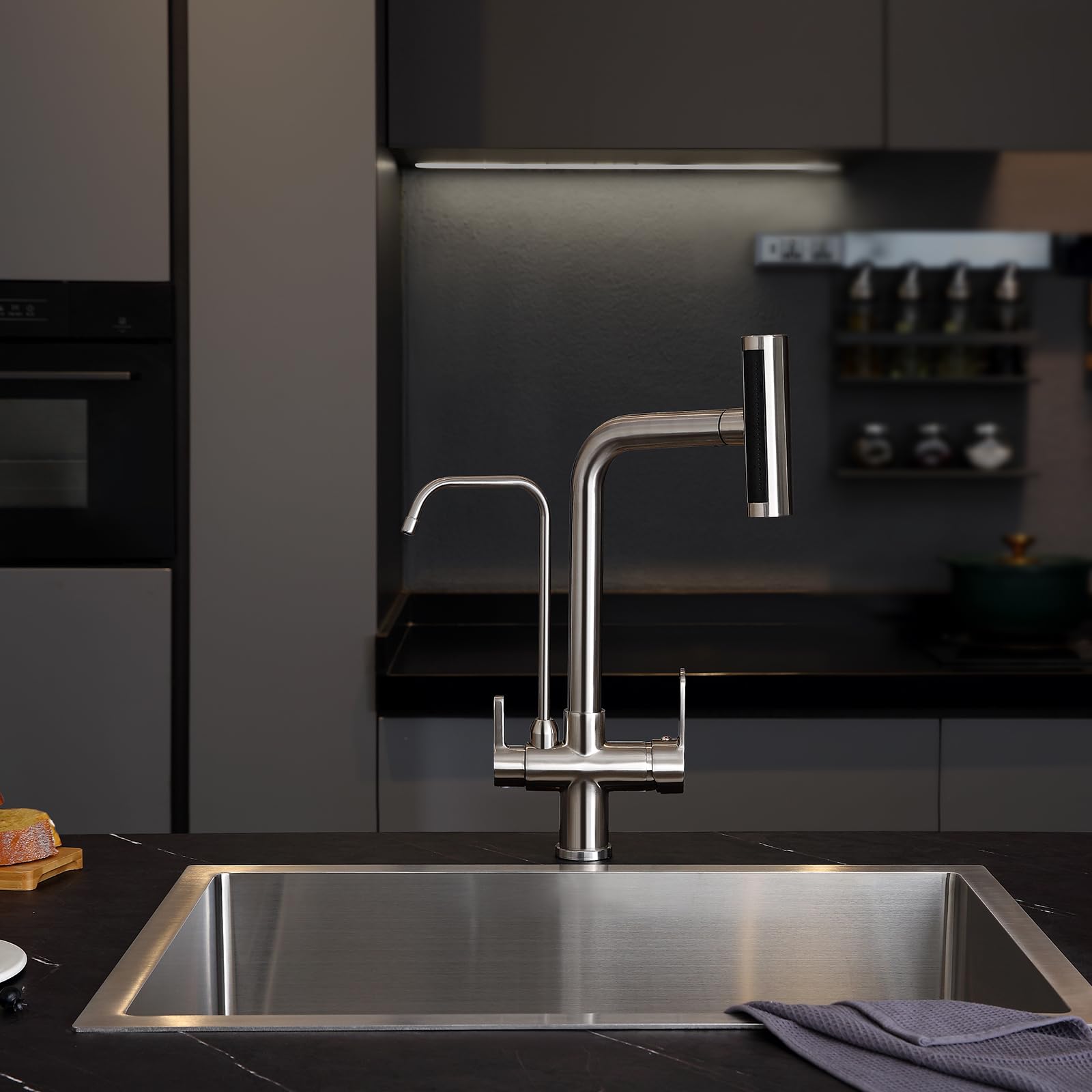 Tsibomu 3 Way Kitchen Faucet, Pull Out Kitchen Faucet With 3-Function Sprayer, Dual Handles Kitchen Sink Faucet With Water Filter Purifier Spout, Brushed Nickel