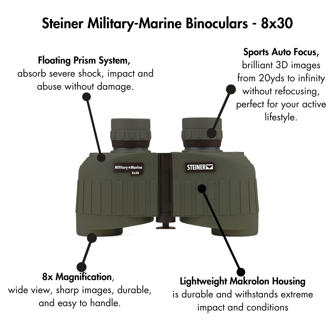 Steiner Military-Marine Series Binoculars, Lightweight UtilityPrecision Optics For Any Situation, Waterproof, Green, 8X30