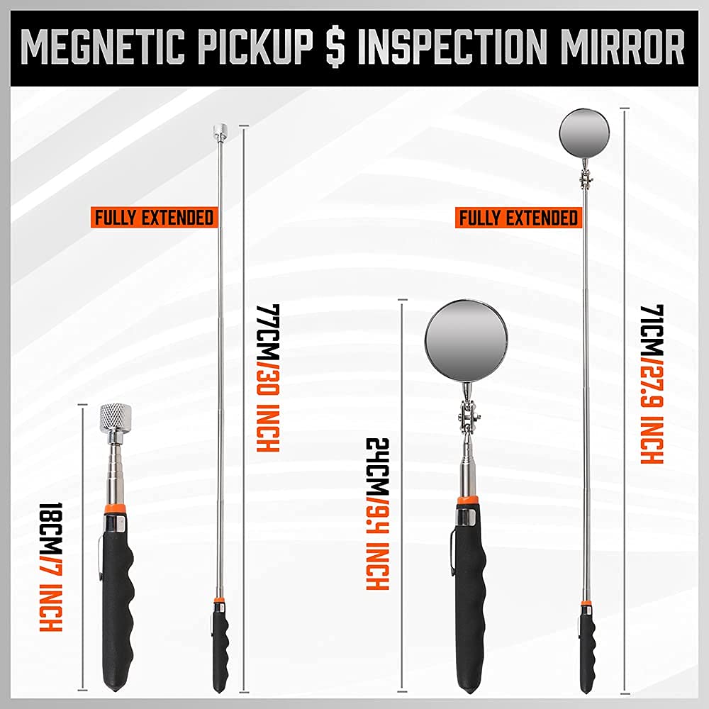 Horusdy 3-Piece 16Lb Telescopic Magnet Stick, Led Flashlight, 360 Swivel Adjustable Inspection Mirror, Diy, Automotive, Household Use
