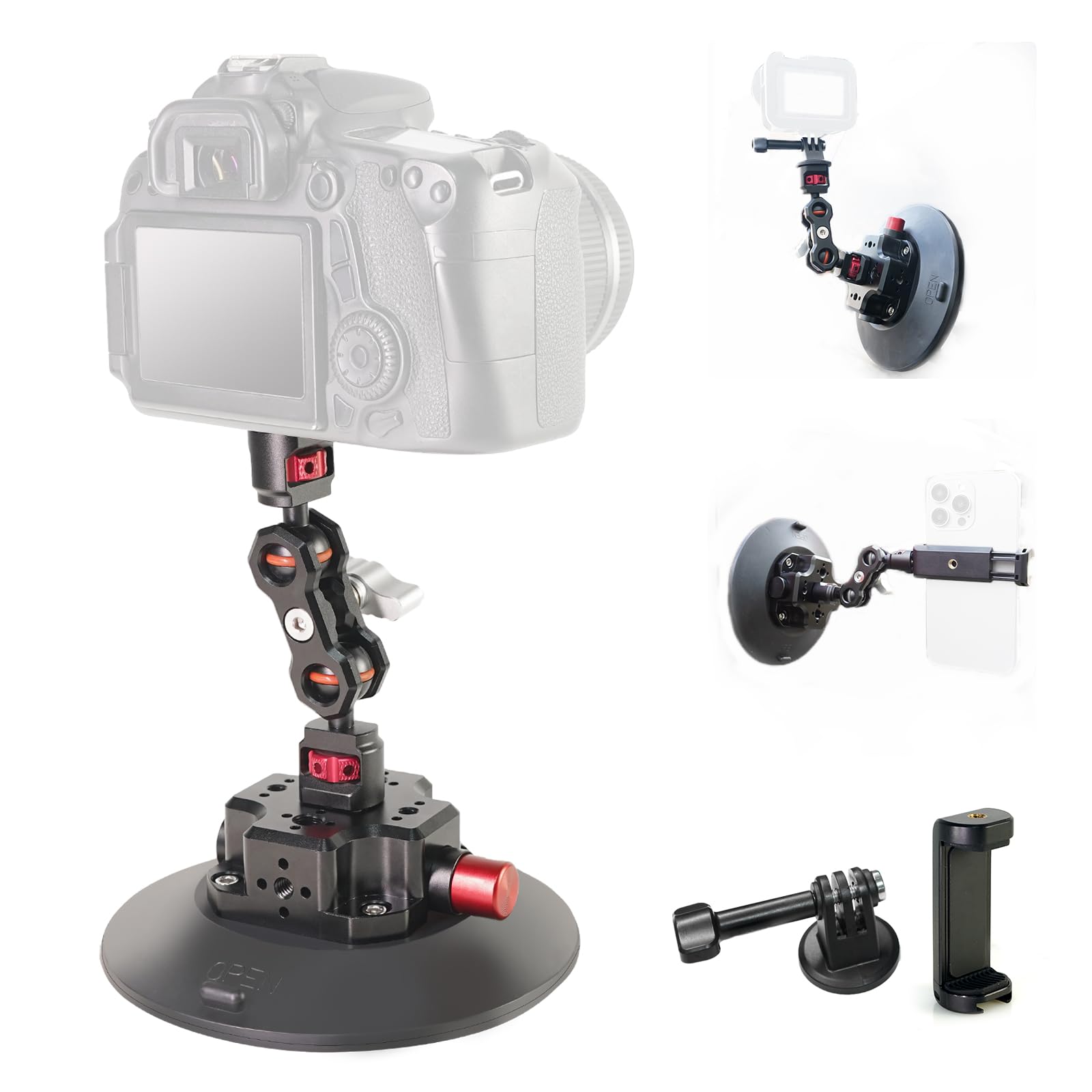 Fifield 6In Camera Suction Cup Phone Mount With Ball Head Magic Arm, Quick Release Car Mount For Action Camera Phone Dji Insta360, Air Pump Vacuum Suction Cup, 1/4" 3/8" Arri Holes