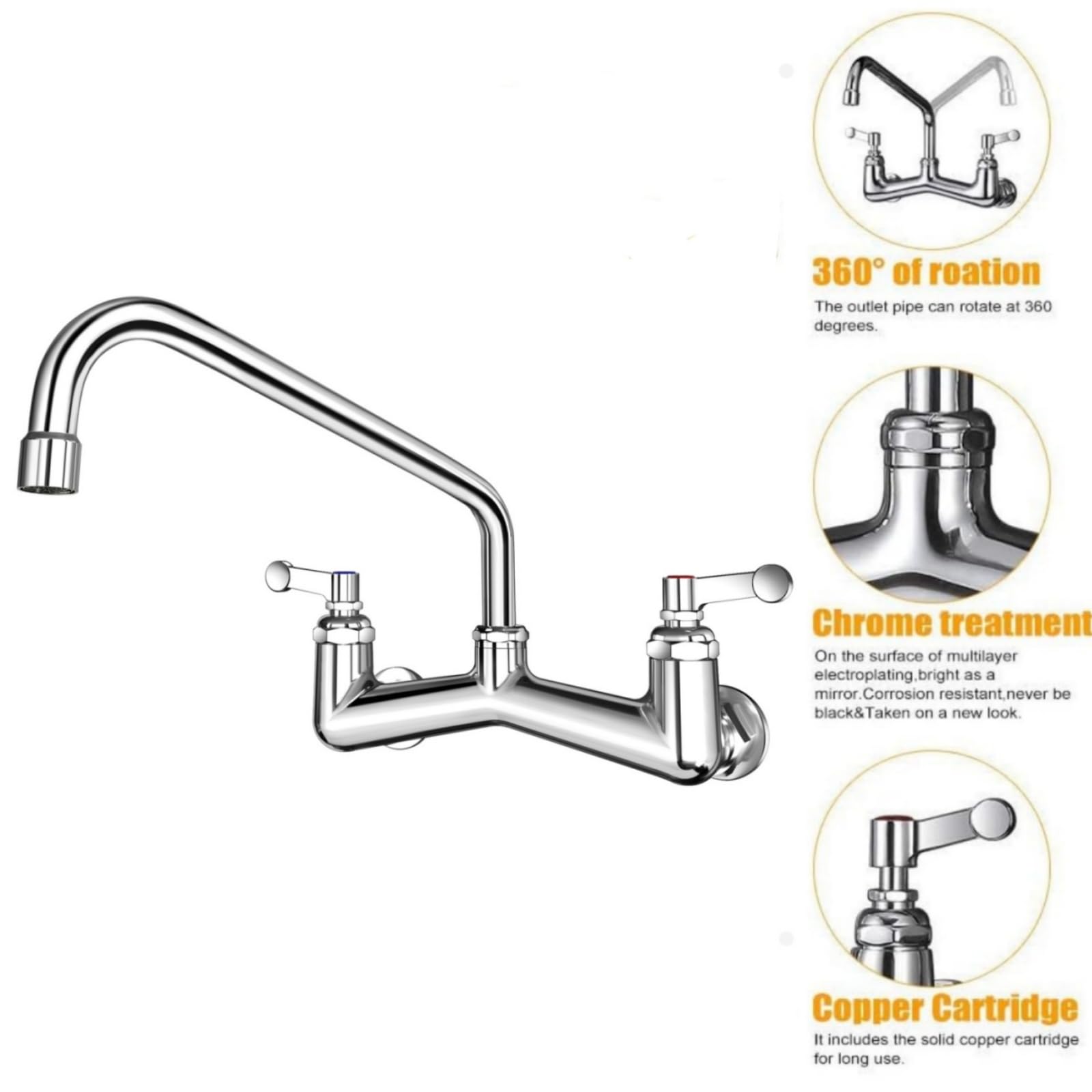 Jzbrain Wall Mount Faucet Heavy Duty Commercial Faucet 8 Inch Center With 12" Swing Spout 2.2 Gpm High Pressure Wall Mounted Kitchen Sink Faucet Brass Constructed & Chrome Polished