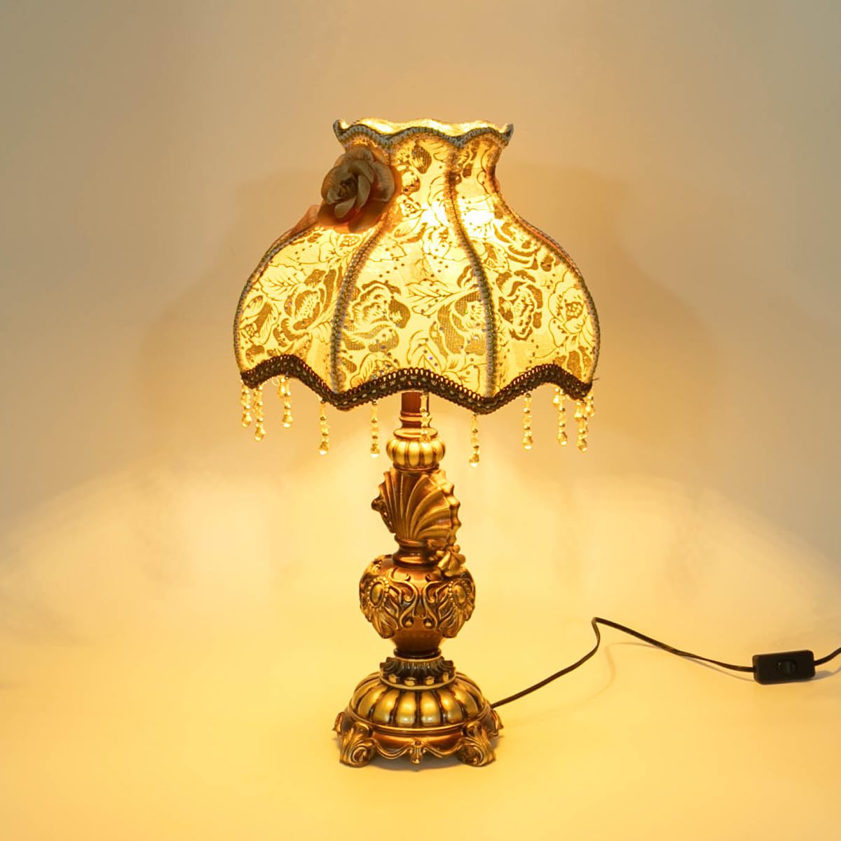 Tfcfl Victorian Embroidered Table Lamp, Elegant Fabric Bedside Lamp Light Gorgeous Nightstand Lamp Desk Lamp Light Vintage Painted Resin Base For Bedroom Living Room
