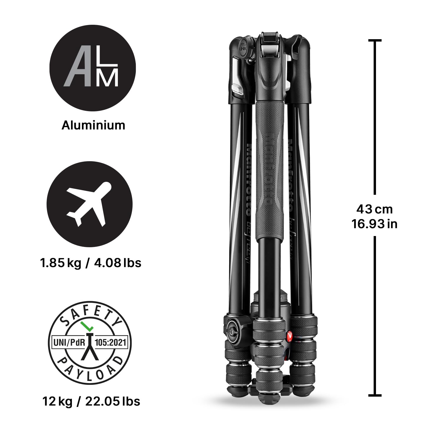 Manfrotto Be Gt 4-Section Aluminum Travel Tripod With 496 Center Ball Head, Black/Silver