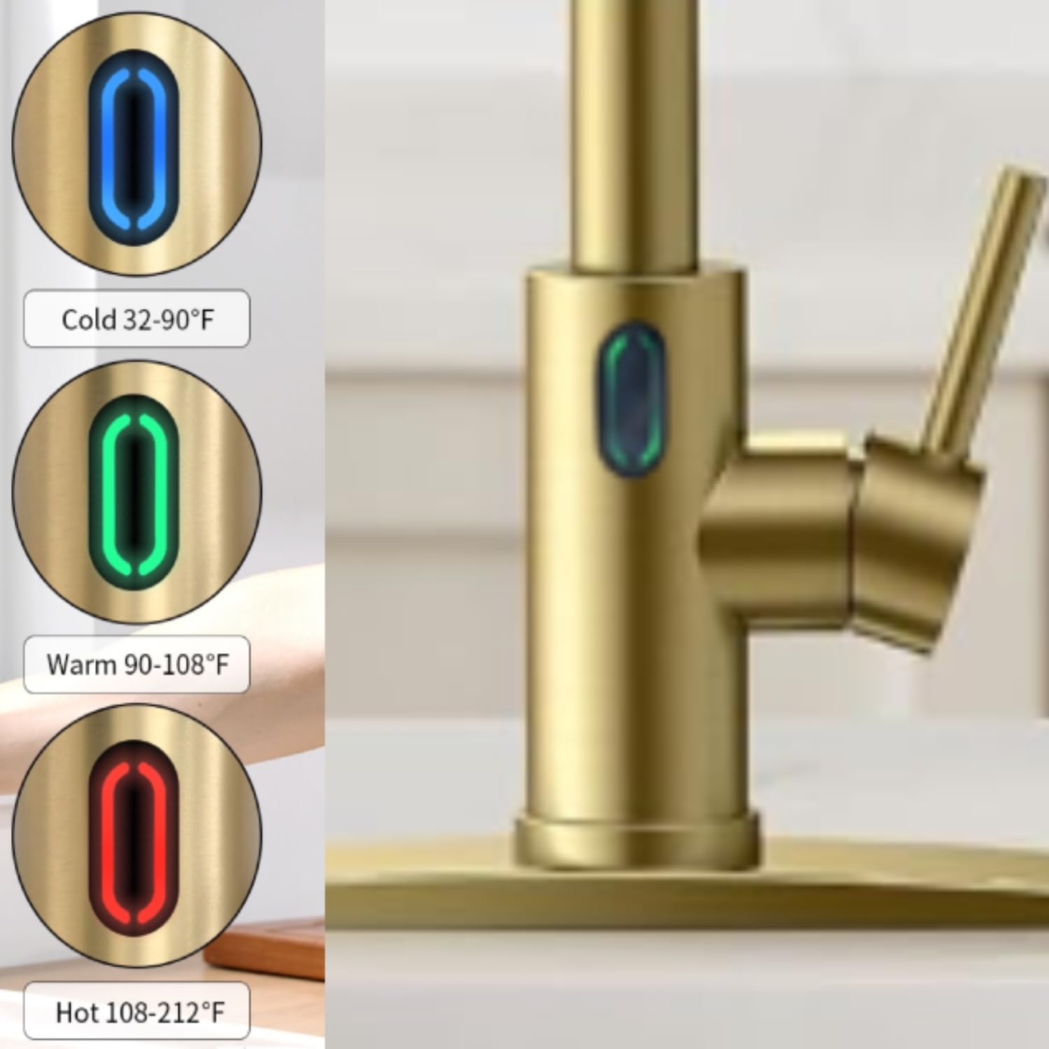 Videc Touch-Less Kitchen Faucet, 3 Modes Pull Down Sprayer, Led Temperature Control,Motion Sensor Activated,Ceramic Valve, 360-Degree Rotation, 1 Or 3 Hole Deck Plate. 20-Year . (Kw-79J. Gold)