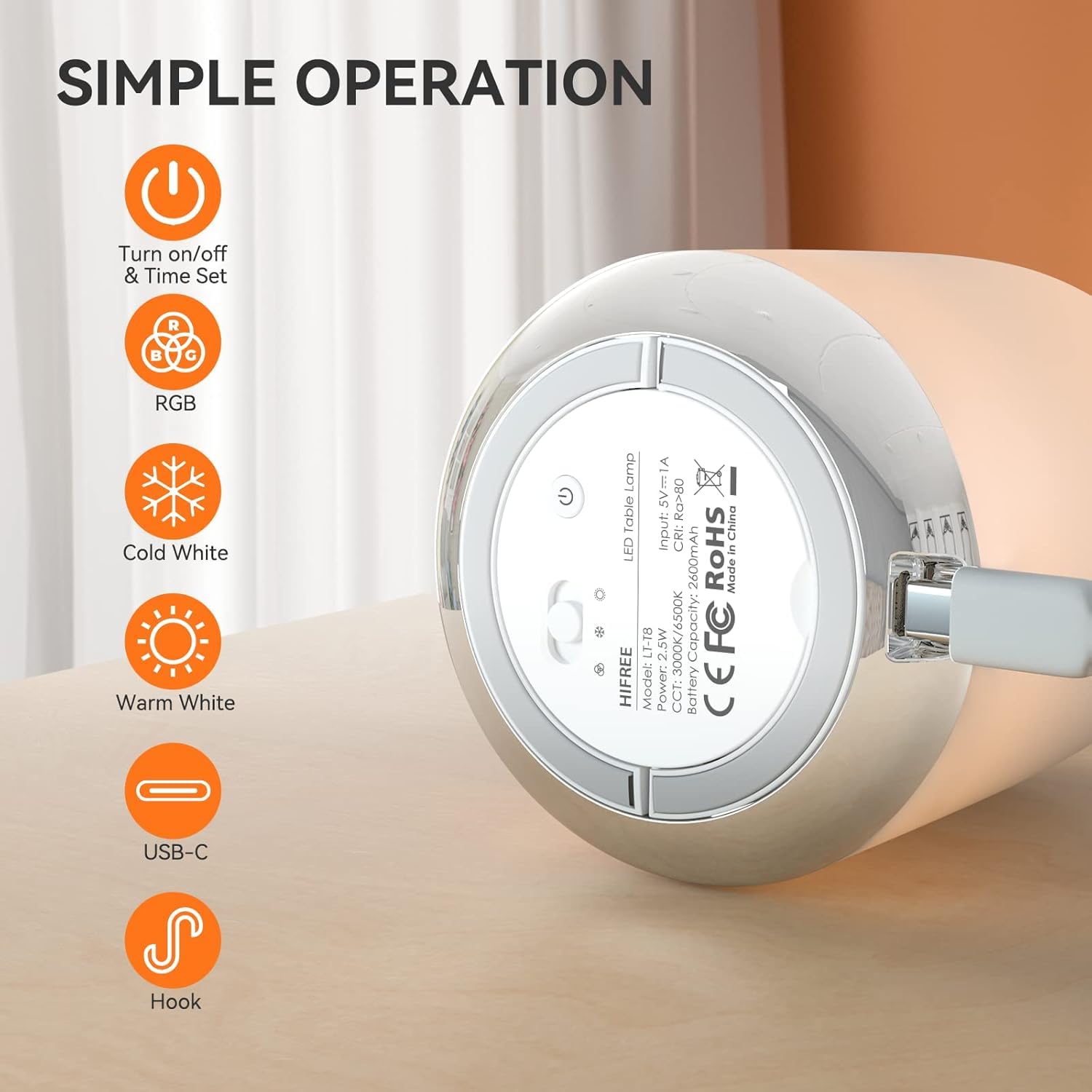 Hifree Touch Bedside Table Lamp,Portable Usb-C Rechargeable Night Light For Kids. Rgb Dimmable With 3 Modes For Bedroom, Nursery,Living Room. Soft Eye-Caring Small Lamp(Cold, Warm, And Rgb)