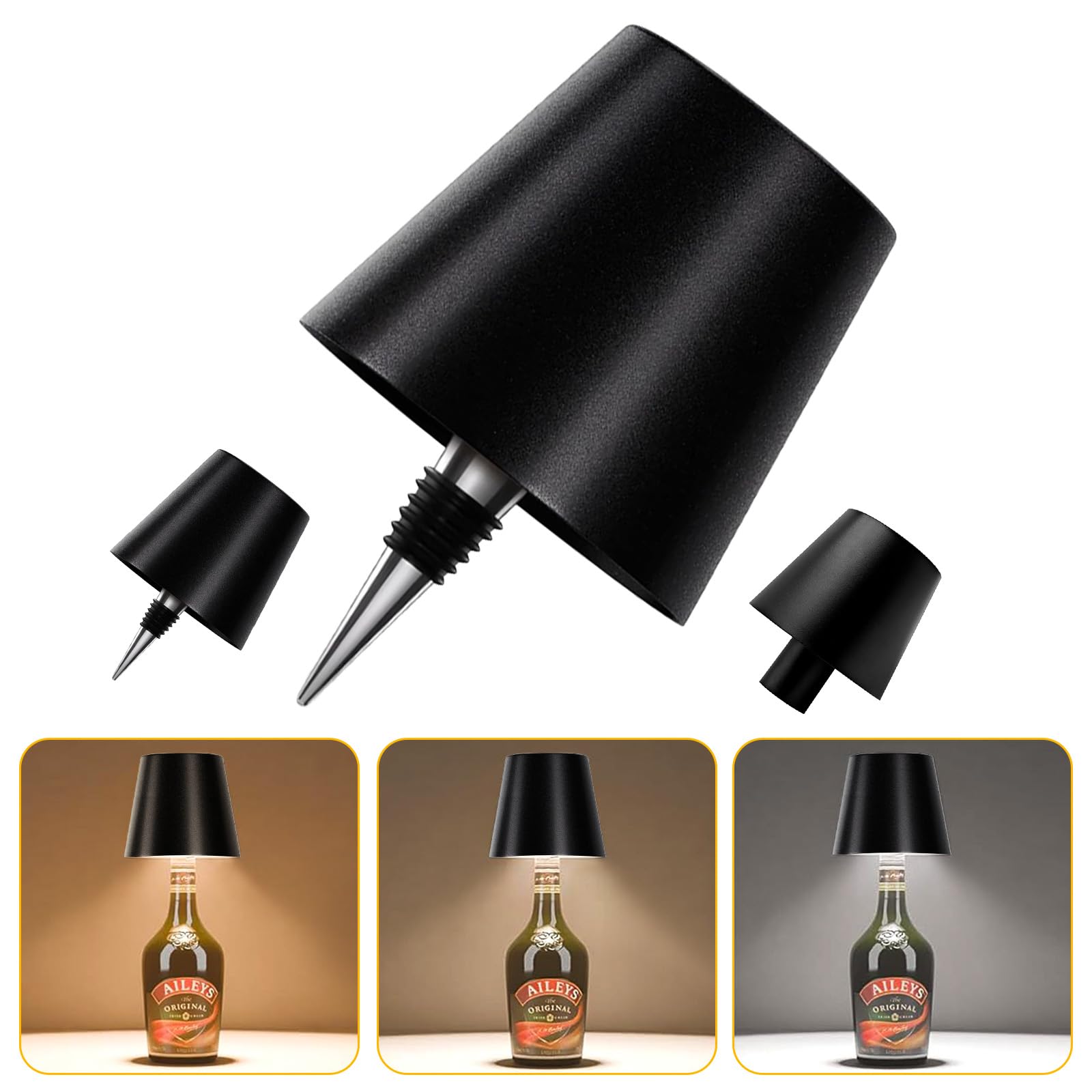 Mxcoirtp Wireless Bottle Lamp, Adjustable Brightness 3 Color Wine Bottle Light With 2 Lamp Bases, Touch Control Rechargeable Metal Waterproof Table Lamp For Dining Room/Bedroom/Bar, Black