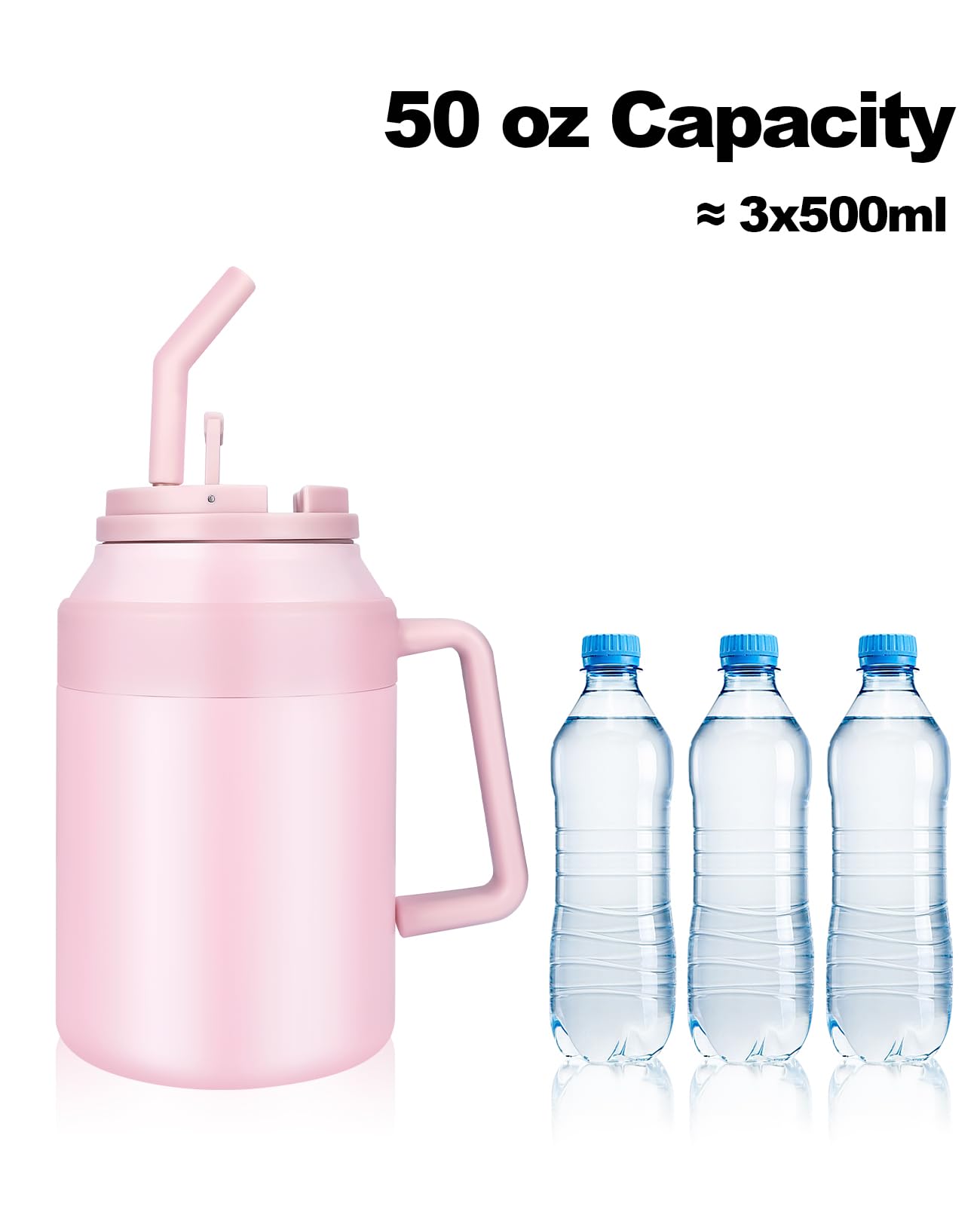50 Oz Insulated Tumbler With Handle And Straw,Vacuum Insulated Stainless Steel Water Bottle Thermal