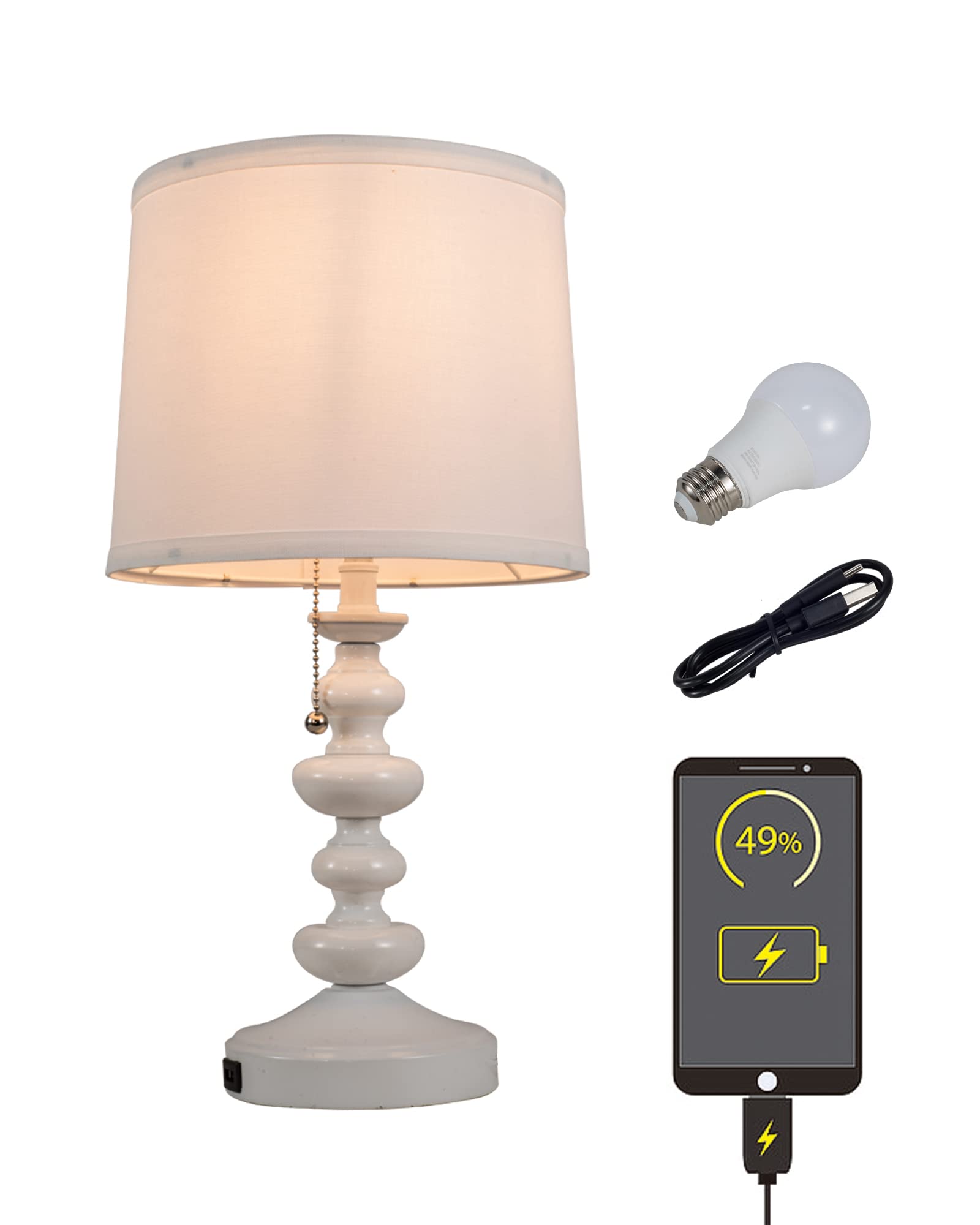 Yorkcare Farmhouse Lamps For Bedrooms Retro Side Pull Chain Table Lamps With Usb, Linen Fabric Shade, Bedside Lamps For Side Nightstand Living Room Included Led Bulb