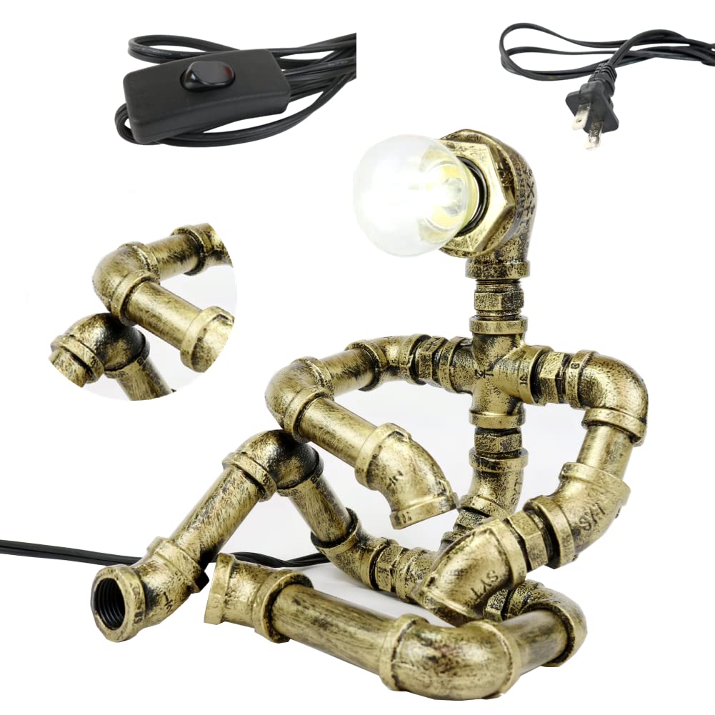 Pupery Steampunk Table Robot Lamps With 2 Bulbs,Retro Industrial Robot Desk Lamps Water Pipe Light For Office,Bedroom,Living Room In Bronze