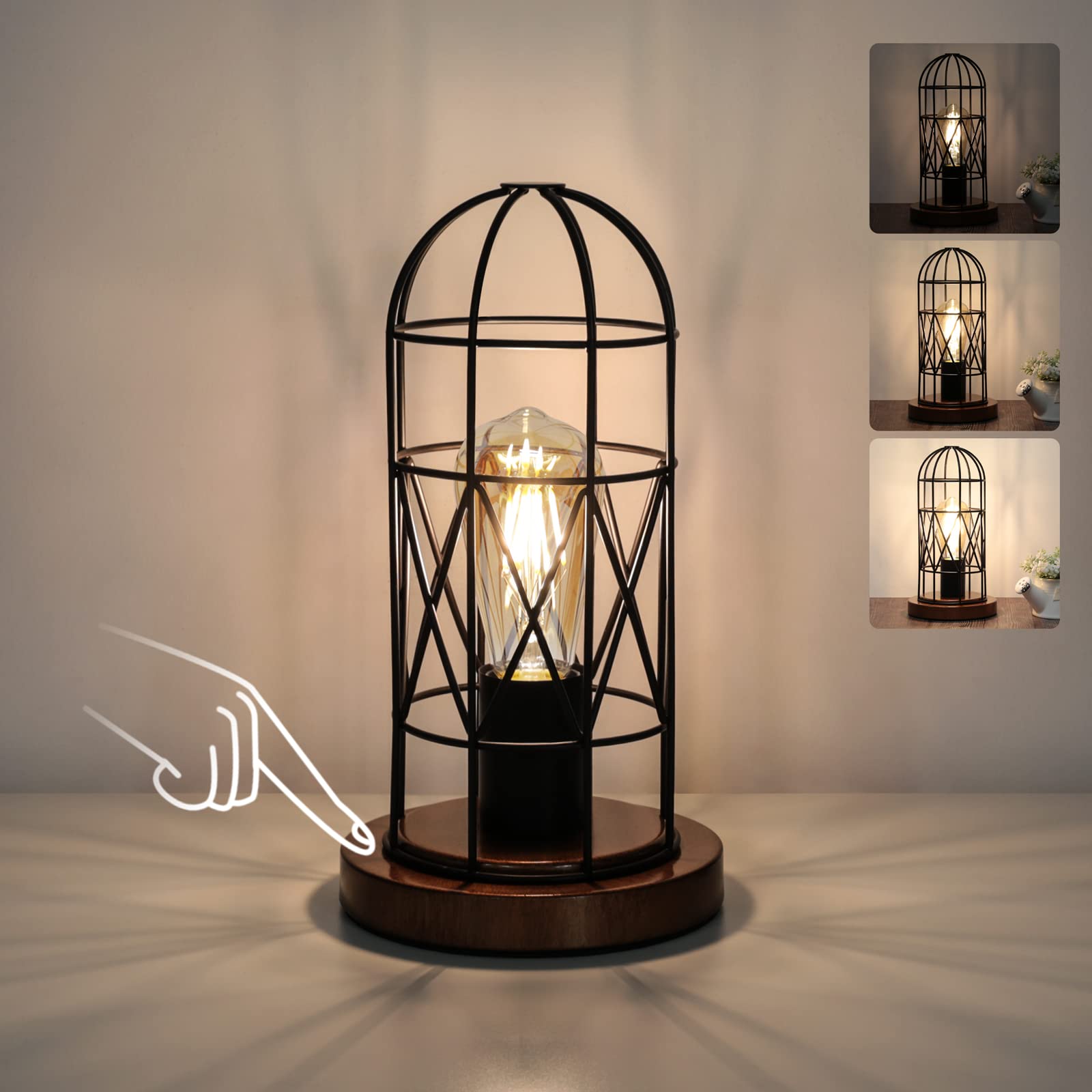 Seaside Village Touch Control Table Lamp, Industrial Bedside Lamp With 3 Way Dimmable Small Nightstand Lamp Vintage Metal Cage Table Lamp For Bedroom, Kitchen