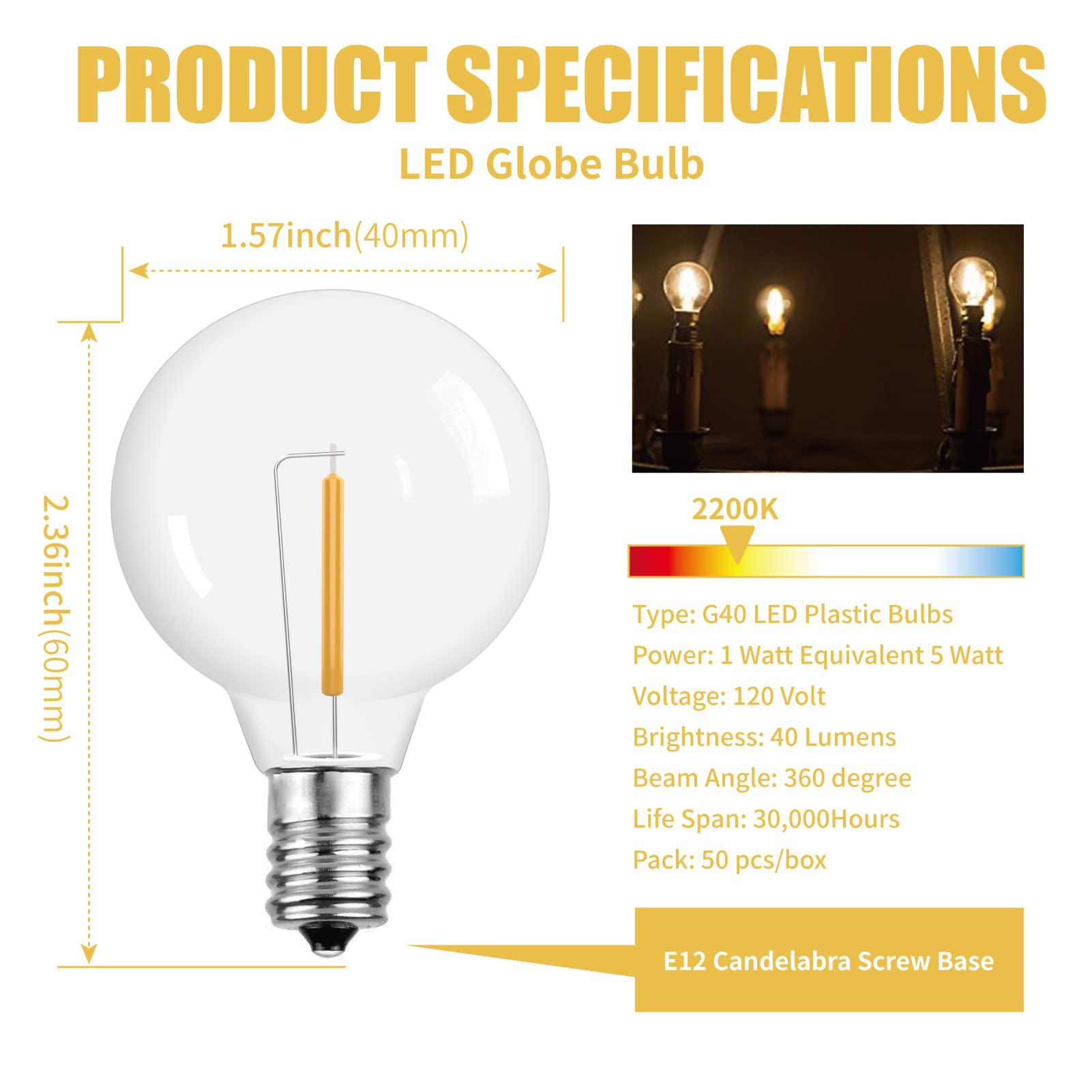Ecovania G40 Led String Light Bulbs,1.57 Inch Plastic Led Globe Patio Bulbs For Outdoor String Lights, E12 Candelabra Socket Base,1 Watt Equvalent To 5Watt Incandescent Bulbs,Warm White, 50Pack