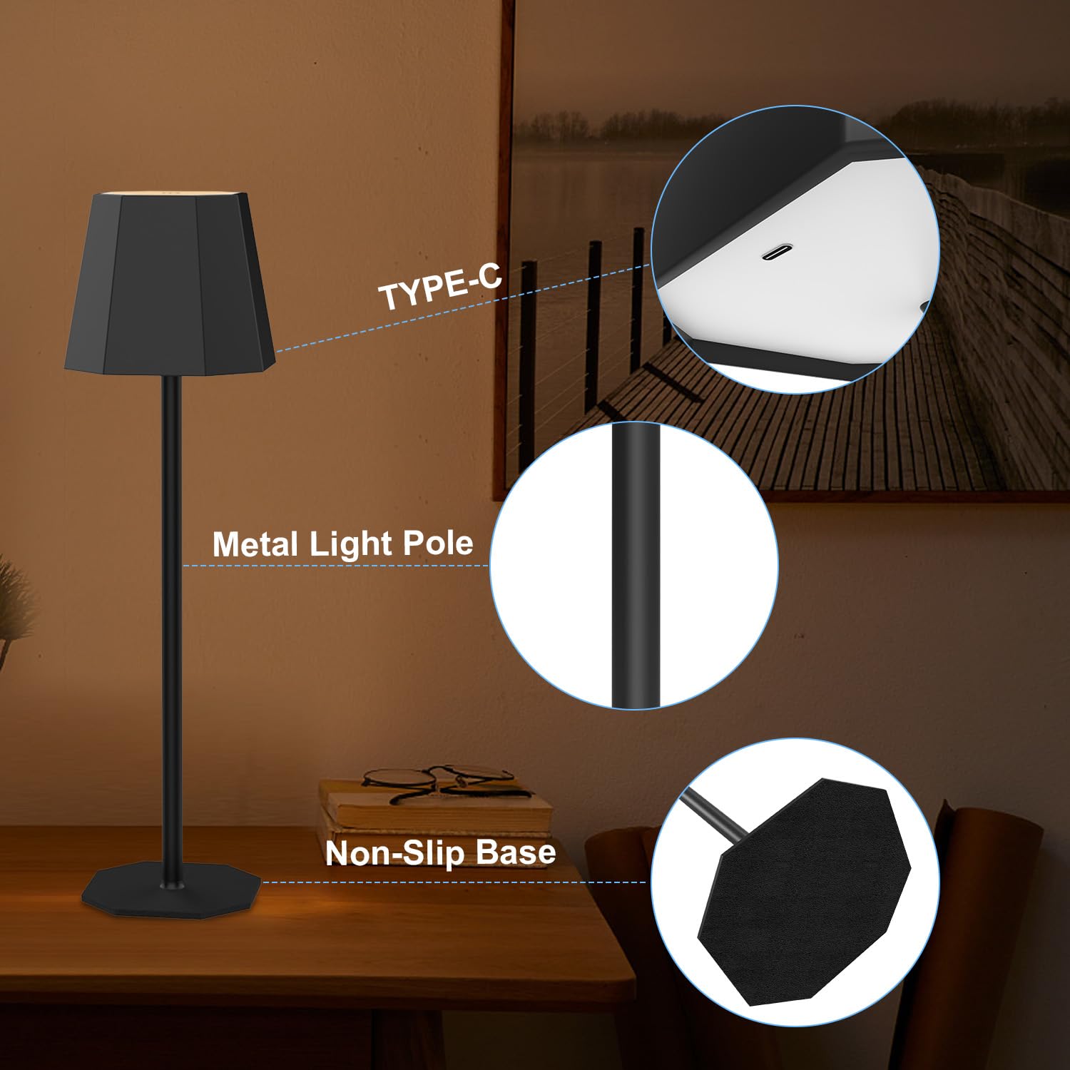 Yinduz Cordless Table Lamp Rechargeable Black 4 Pack 5000Mah Battery Operated Lamp For Counter, 3 Color Stepless Dimming Waterproof Led Wireless Lights For Dining Kitchen, Touch Control