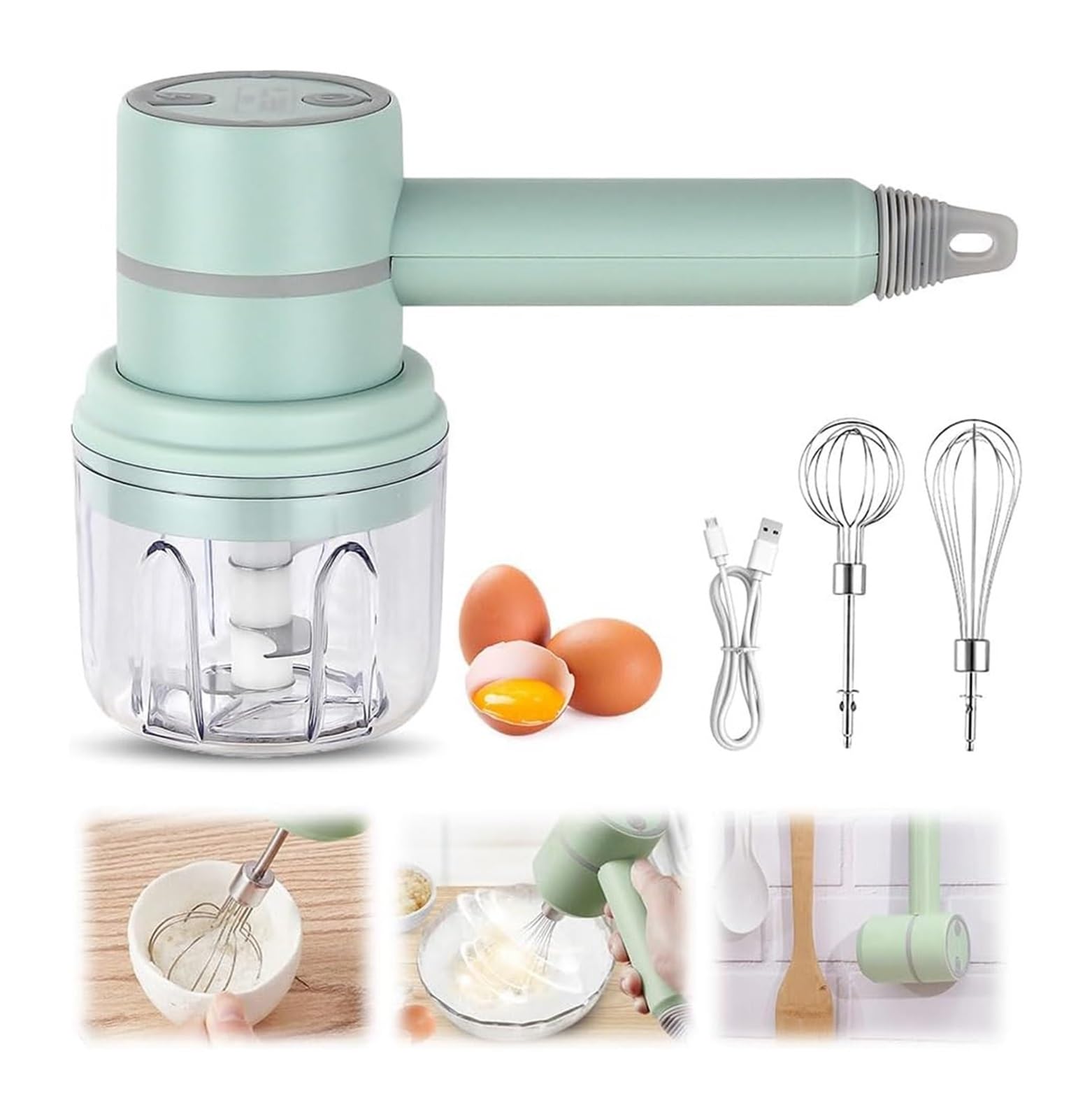Soyon 3-In-1 Fully Automatic Mixer,Garlic Chopper Mini,Cordless Handheld Mixer With Egg Beater And Cream Stick,For Kitchen Baking And Cooking(Green 250Ml)