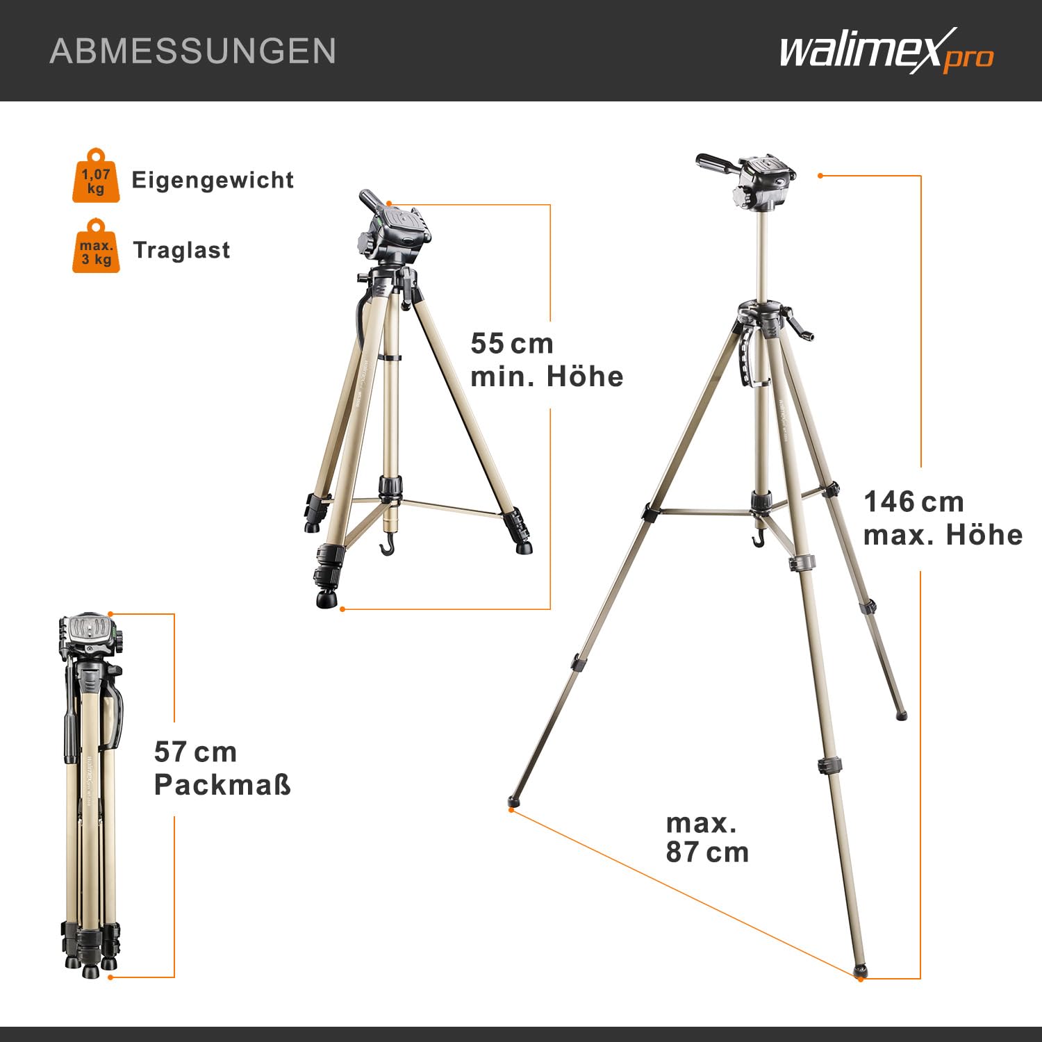 Walimex Pro Walimex Wt-3530 Basic Tripod With 3D Panhead, 146 Cm (Max. Load-Bearing Capacity 3 Kg, Incl. Carry Bag, One Spirit Level, 1 Level)