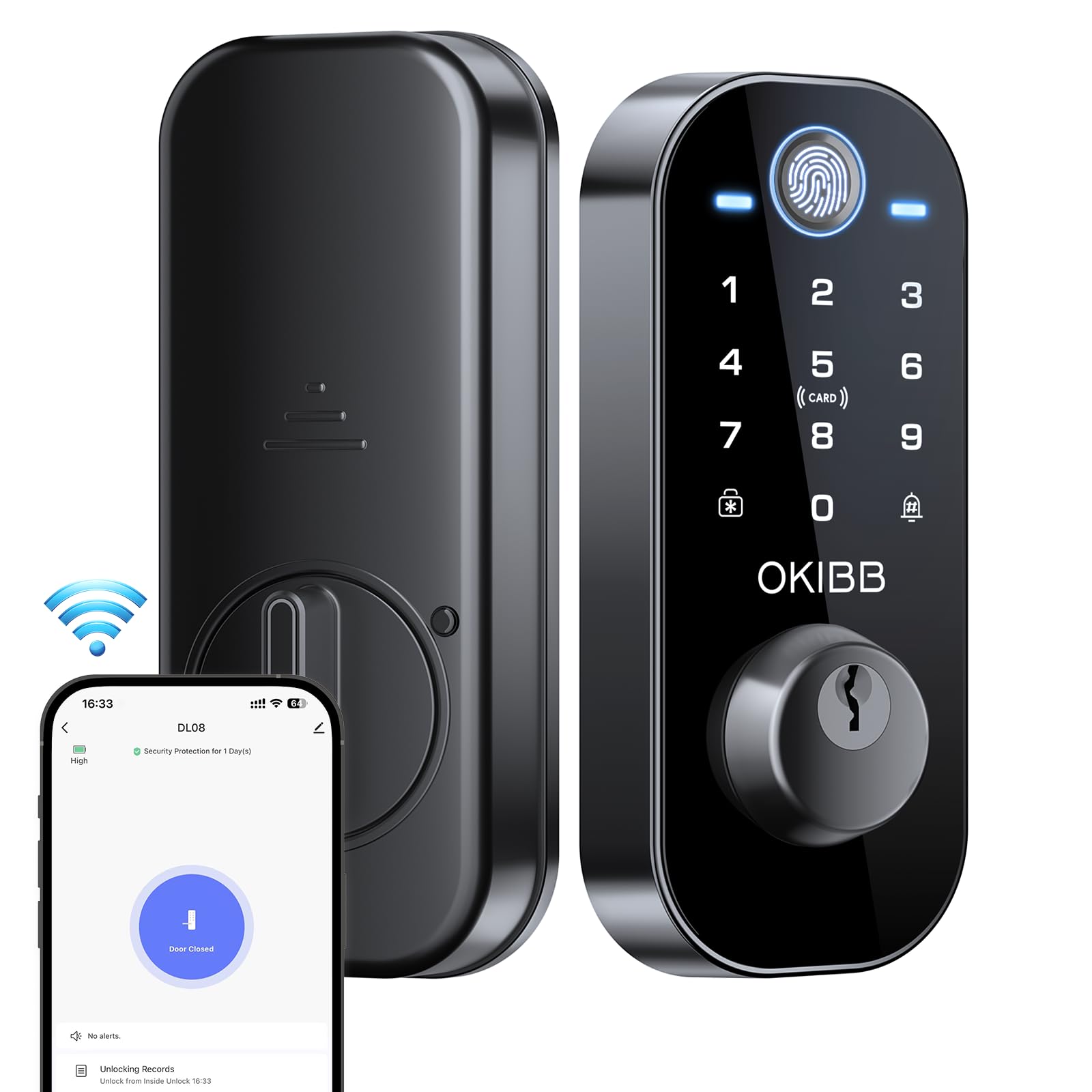 Okibb Keyles Entry Door Lock With Built-In Wi-Fi App Remote Control, Fingerprint Door Lock With Doorbell, Smart Locks For Front Door, Auto Locking, Black