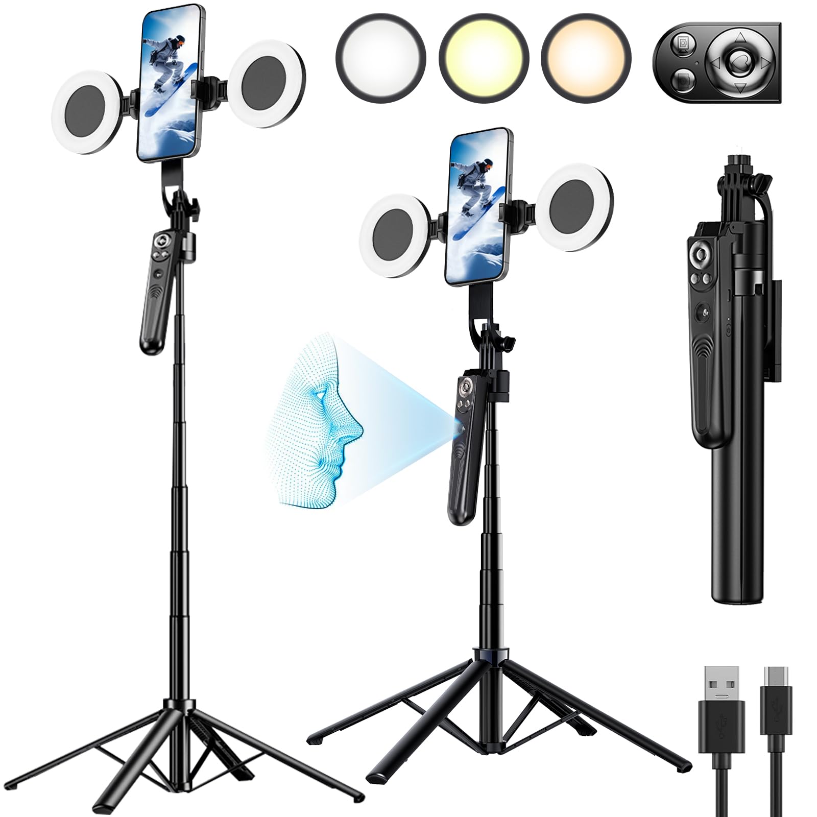 Coasd Extendable Auto Face Tracking Tripod 360° Rotation With Light, No App, 70.8" Motion Sensor Phone Tripod Stand, Phone Gopro Mount Gesture Control For Vlog/Live Stream/Video Recording