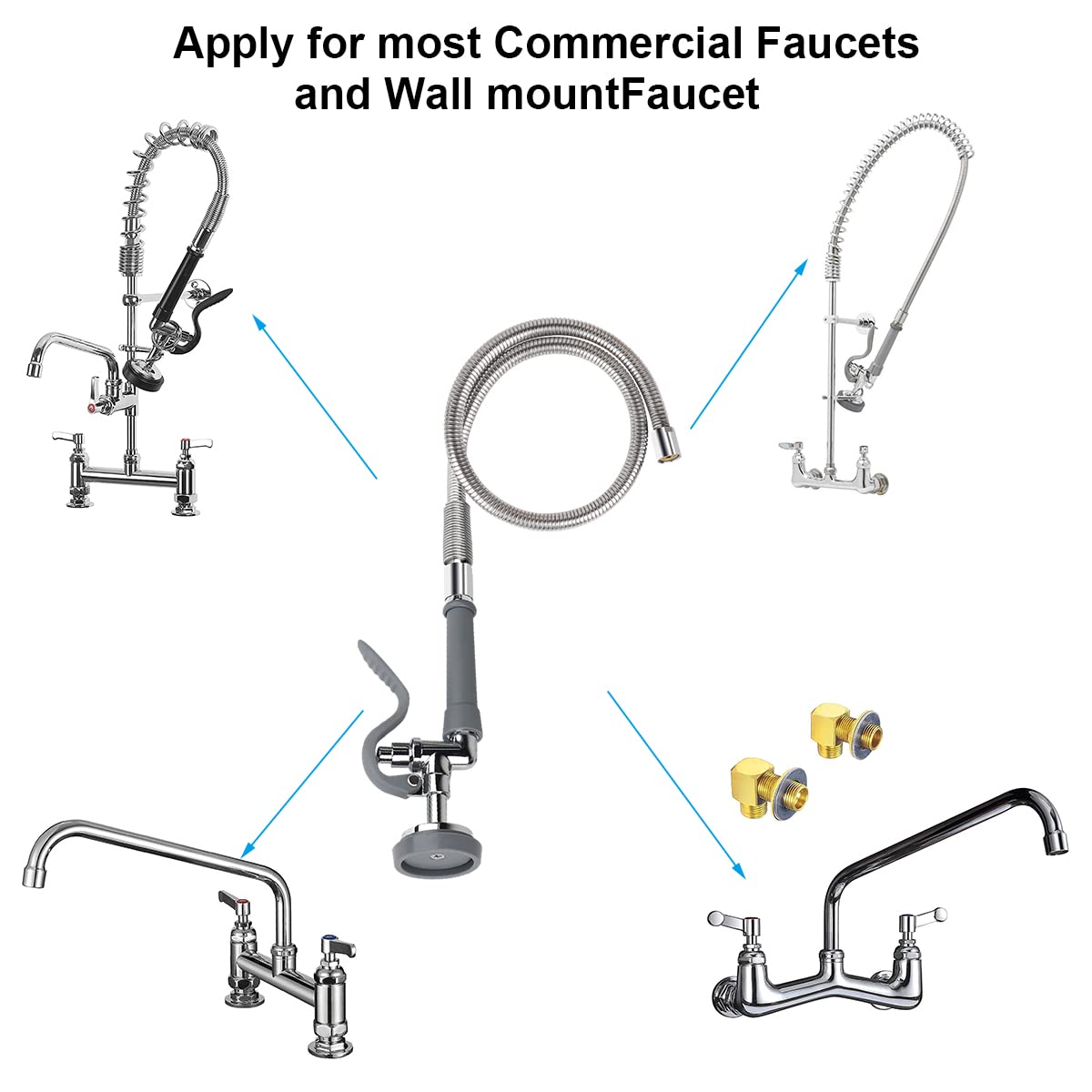 Kanoney Commercial Sink Sprayer With 45" Flexible Stainless Steel Hose, Pre-Rinse Dish Spray Valve Replacement Kit Assembly Sprayer Nozzle Head For Industrial Restaurant Kitchen Faucets, Gray