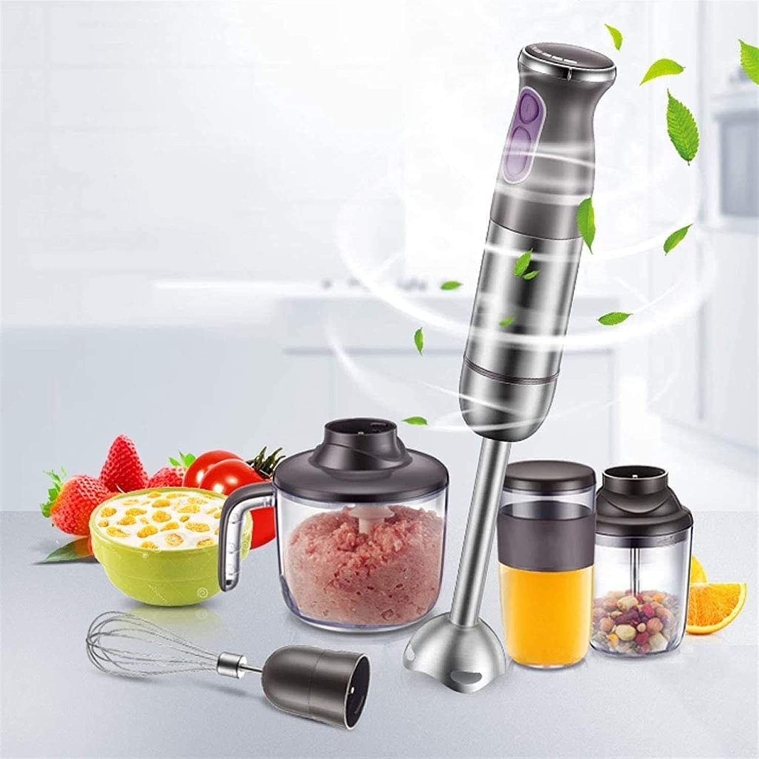 Kaabeto Multifunction Hand Blender, Smart Stick 800W, 12 Speed And Turbo Mode, 5-In-1, Titanium Steel Blades, With Whisk, Chopper/Grinder Bowl And Beaker/Measuring Cup