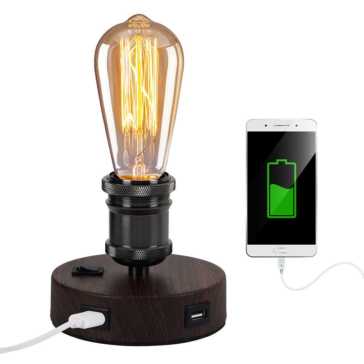 Jorunhe Usb Bedside Lamp, Industrial Table Lamp With 2 Usb Ports, Small Vintage Desk Lamp For Bedroom, Office, Living Room (Without Bulb) (Brown)