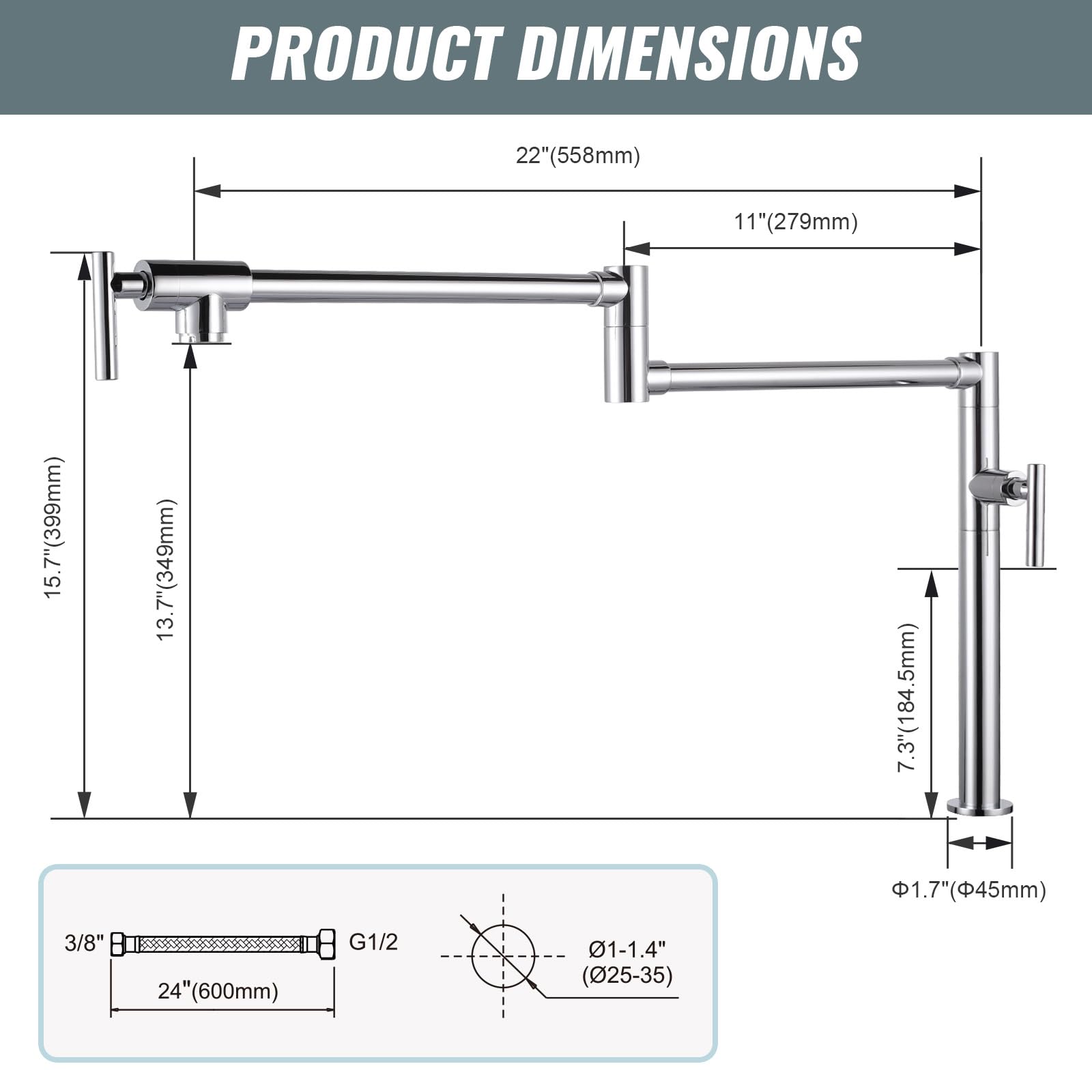 Aleasha Pot Filler Faucet For Kitchen Sink, Deck Mount Pot Faucets Over Stove, Solid Brass Folding Pot Filler Faucet, Chrome Kitchen Pot Faucet With Double Joint Swing Arms