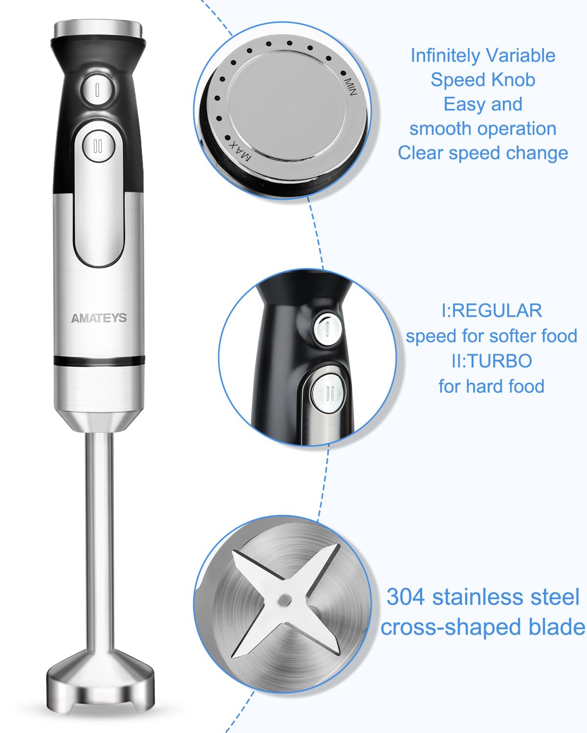 Amateys Immersion Blender,700W Handheld With Heavy Copper Motor,Infinitely Variable Speeds Stick Kitchen Blender,Detachable Stainless Steel Smoothie,For Soup Puree Baby Food Juice