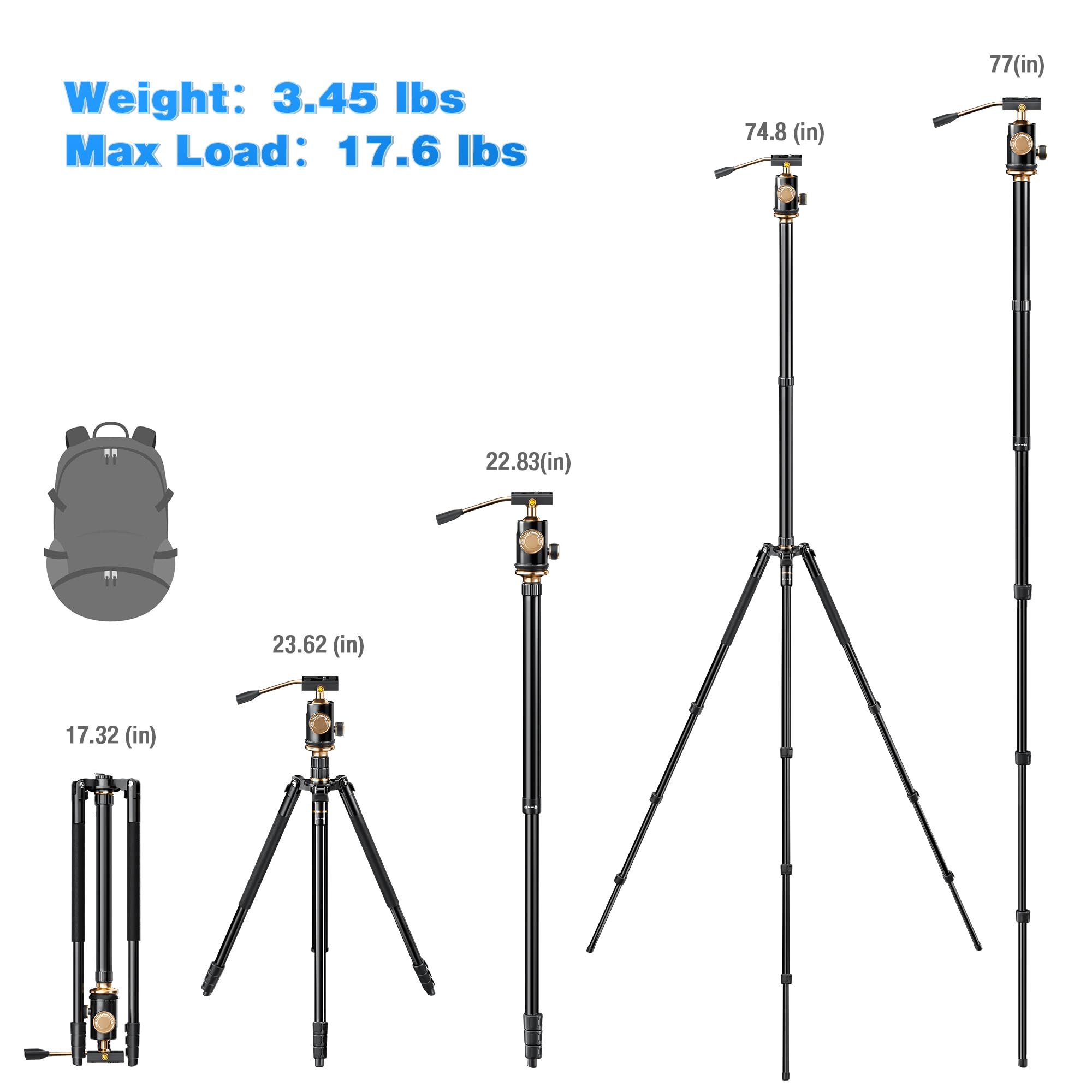 Yotilon Tripod For Camera 77.2'', Aluminum Camera Tripod & Monopod With Removable Handle And 360°Ball Head Payload 17.6Lb, Lightweight Travel Tripod For Dslr With Carry Bag For Travel And Work