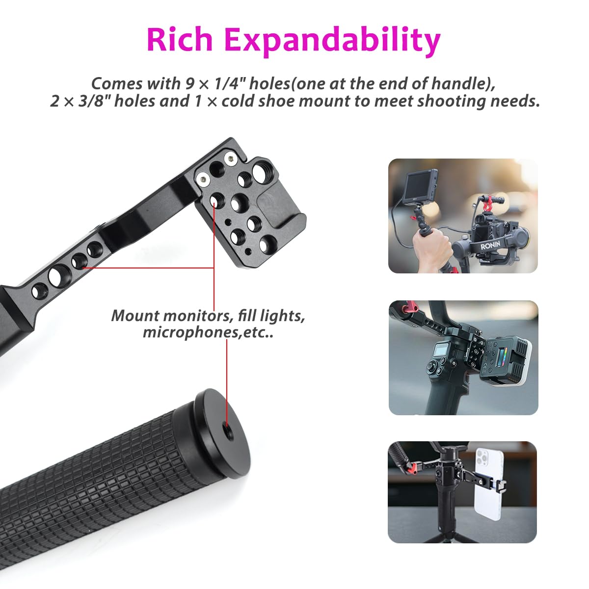 Akeipho Gimbal Grip Handle Handy Sling Handgrip For Dji Ronin S/Sc / Rsc2,Adjustable Gimbal Side Extension Cold Shoe Mount 1/4" 3/8" Holes Stabilizer Accessory Handle