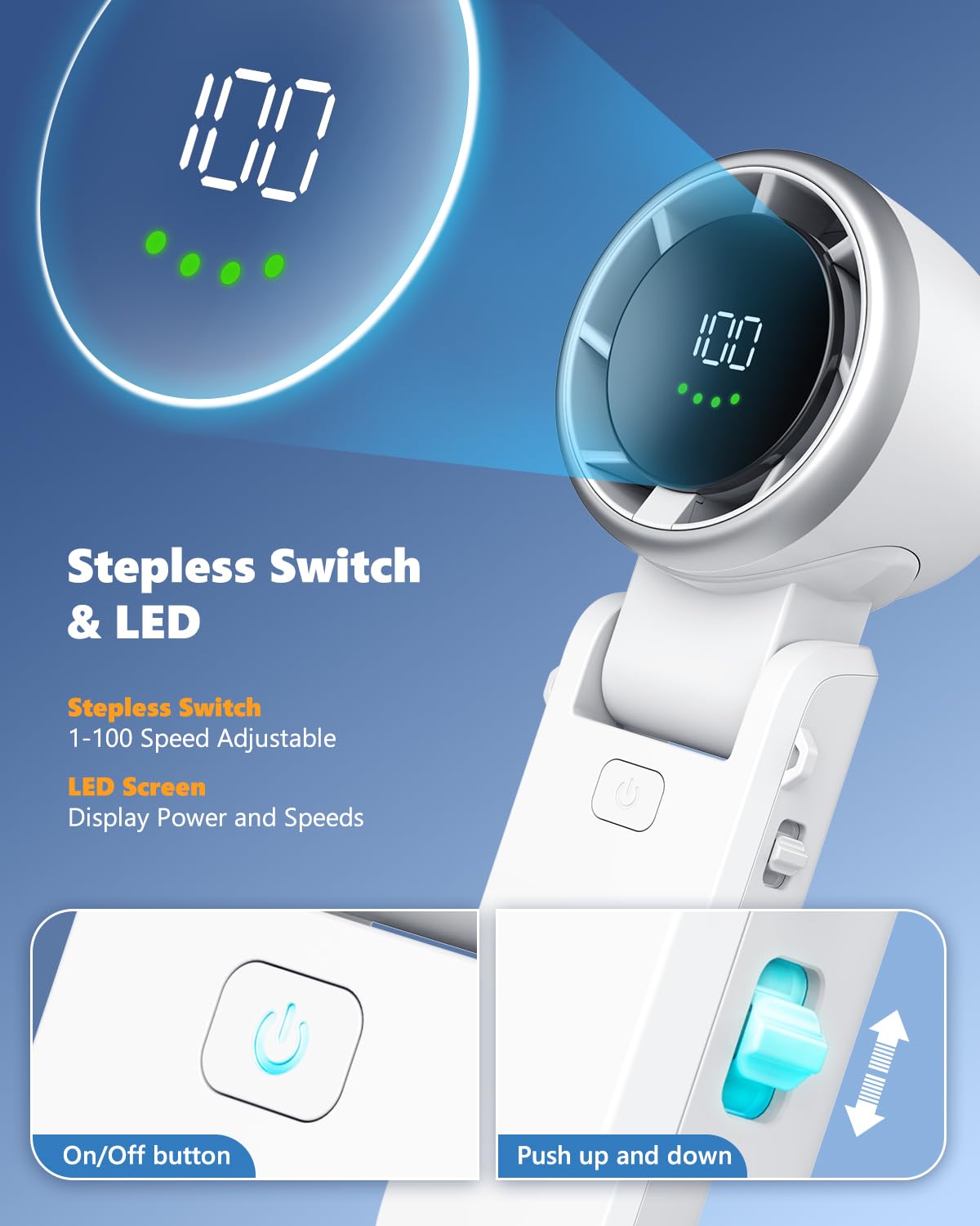 Portable Handheld Turbo Fan, Stepless 100 Gear Wind Rechargeable Personal Hand Fan, 5000Mah Handheld