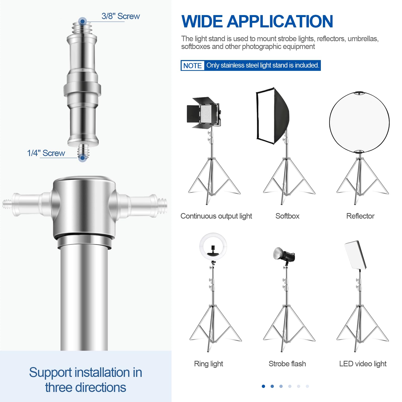 Wellmaking Stainless Steel Photography Light Stand 9.2Ft/280Cm.Spring Cushioned Heavy Duty Tripod Stand With 1/4”To3/8” Screw Adapter And Tilt Swivel Mount For Strobe, Video Light,Ring Light,Monolight