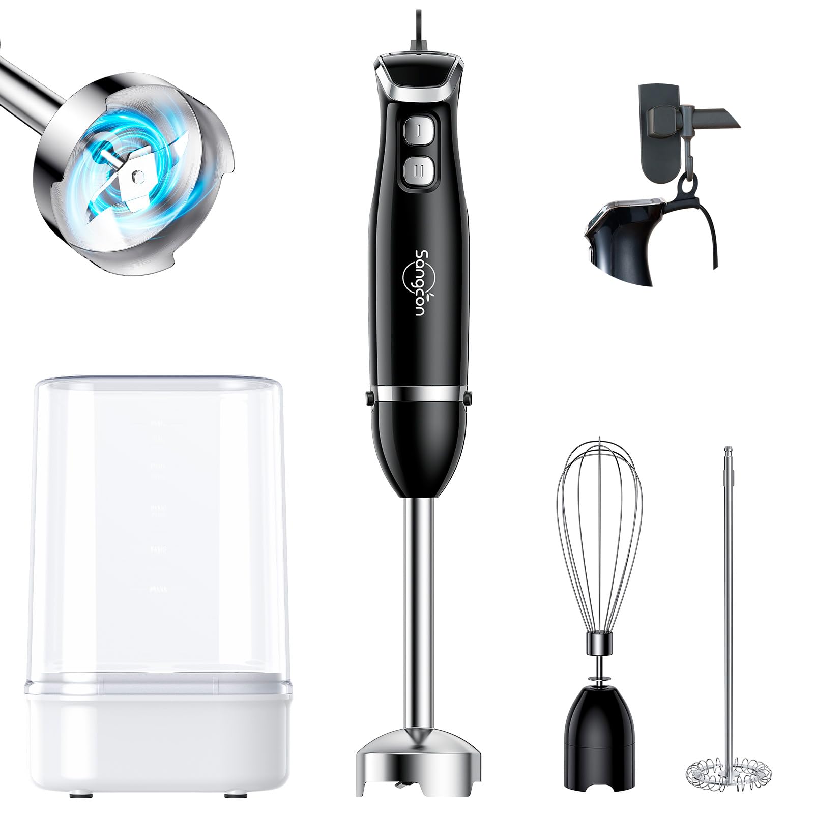 Sangcon Bundled 5-In-1 Immersion Blender Handheld, Hand Blender With 1000Ml Blending Cup Storage Base, 2-Speed Adjustable Stick Blender