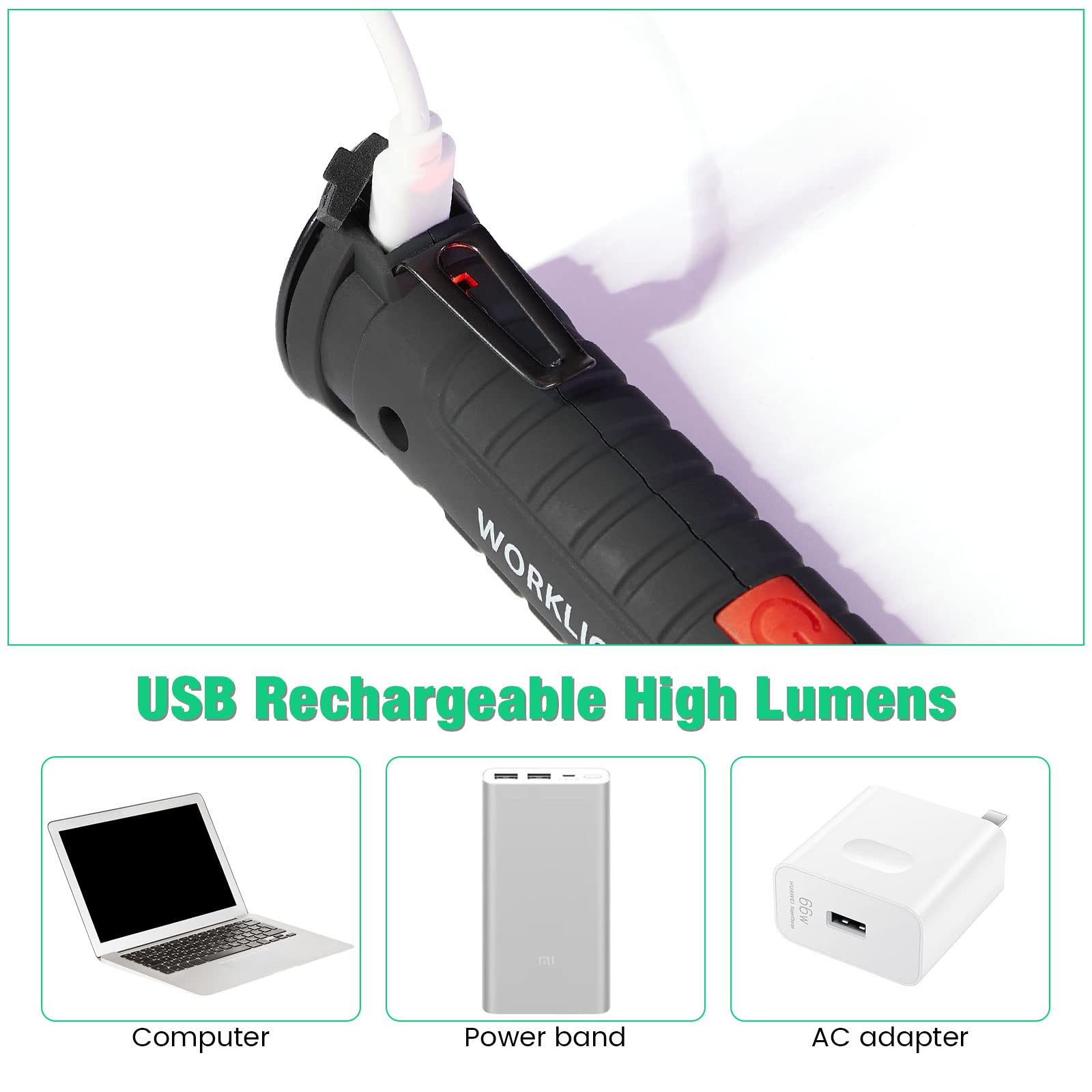 Honoson 4 Pieces Led Work Light Cob Rechargeable Work Flashlight With Magnetic Base, Hanging Hook And 360° Rotate 5 Modes Portable Led Flashlight For Car Repair, Household And Outdoor(Large)