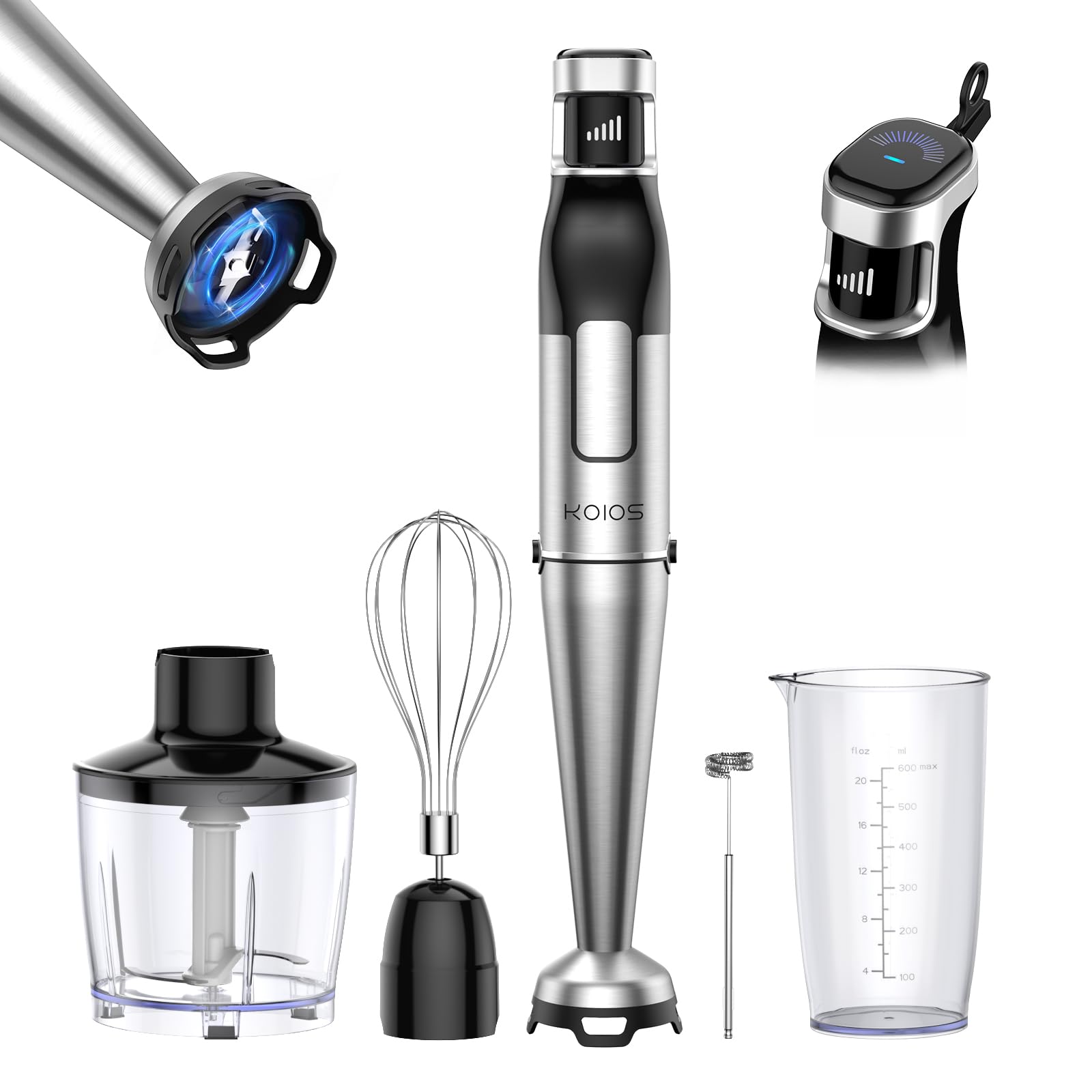 Koios Immersion Blender Handheld Trigger Variable Speed 5-In-1 Immersion Hand Blender 1100W, Anti-Scratch Stainless Steel Shaft, Chopper & Milk Frother, Non-Bpa For Soup, Baby Food And Smoothies
