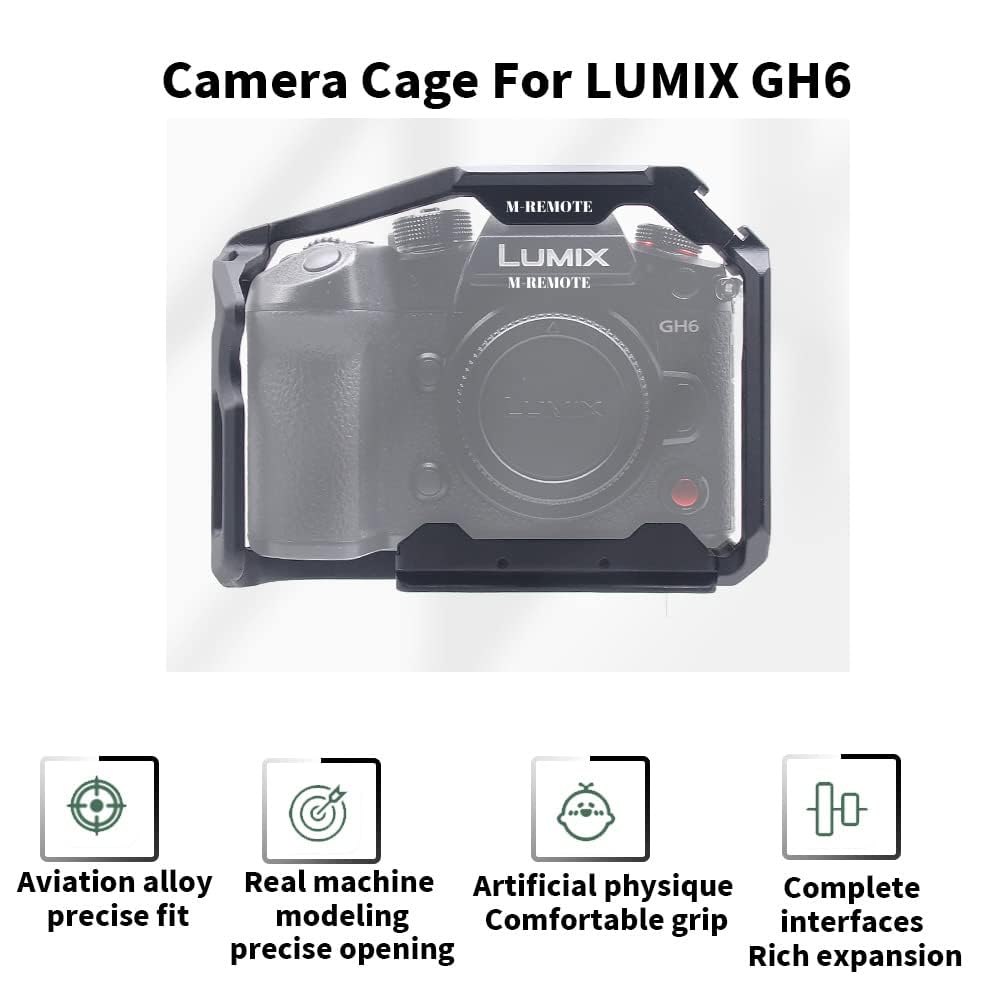 M-Remote Gh6 Aluminum Alloy Video Camera Cage For Lumix Gh6 W Cold Shoe Mount 1/4&3/8 Inch Screw Holes Full Dslr Camera Cage Rig
