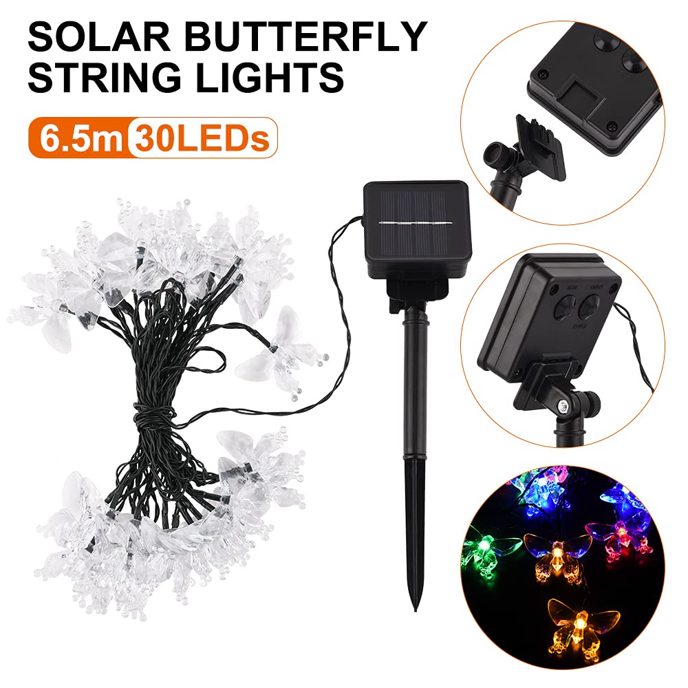 Tebocr Butterfly Solar String Lights - 16 Feet, 20 Led Multicolor, Waterproof, 8 Modes For Outdoor Patio Garden Yard Fence Wedding Christmas Party