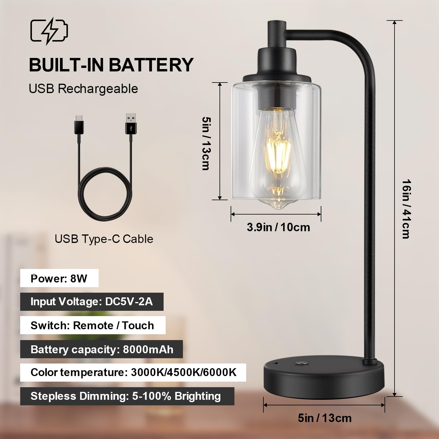 Linkenail Cordless Table Lamps Rechargeable, 8000Mah Battery Operated Table Lamp With Remote Control, Touch Dimmable Bedside Lamp, Portable Wireless Desk Lamp For Bedroom, Dining Room, Black, 2 Pack