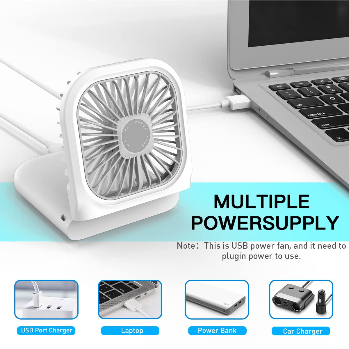 Portable Aicase mini fan with 6 functions, perfect for personal cooling, rechargeable via USB