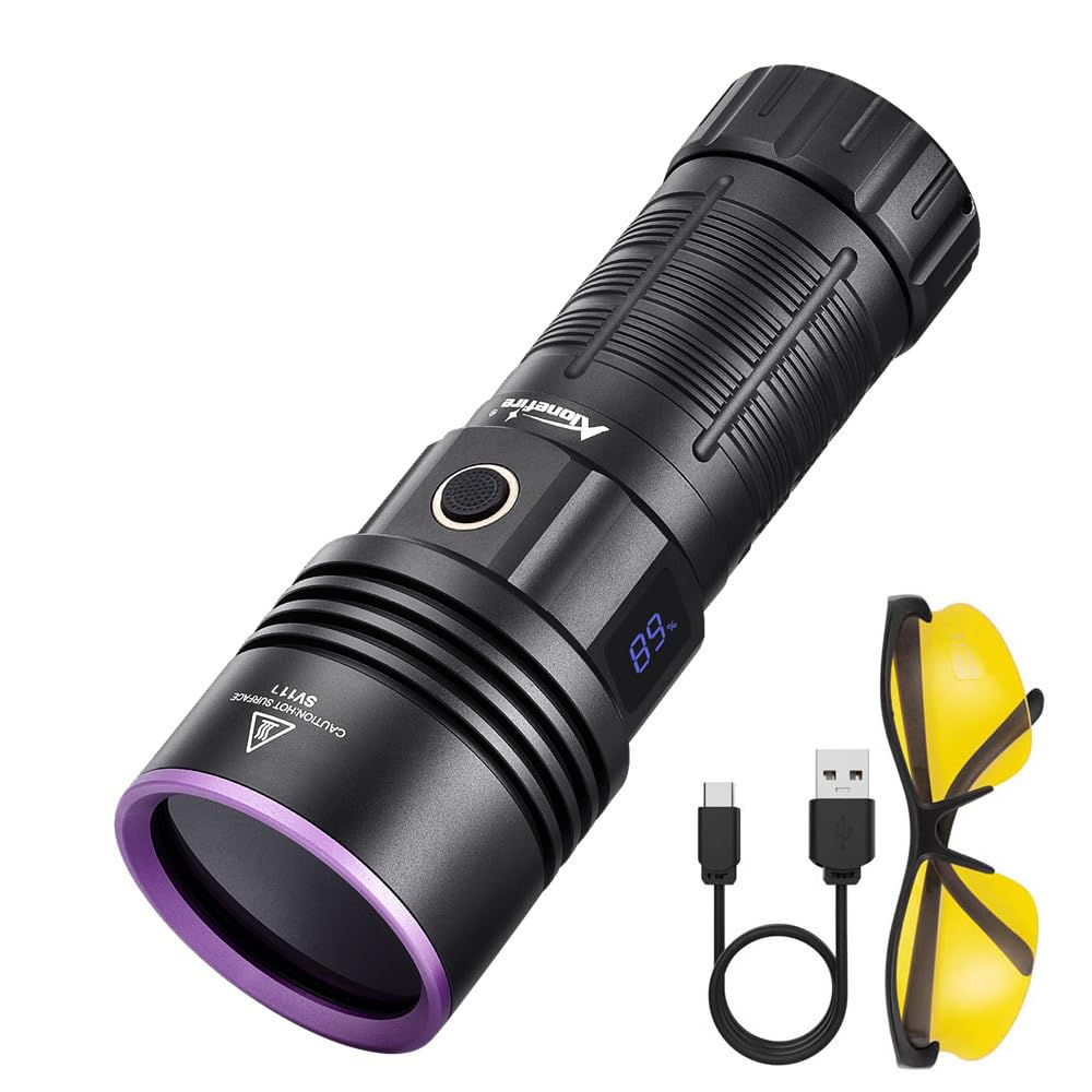 Alonefire Sv117 365Nm Uv Flashlight 70W Powerful Blacklight Digital Display Usb Rechargeable Black Light For Pet Urine Detector, Scorpion, Resin, Bed Bug, Fishing With Uv Protective Glasses, Battery