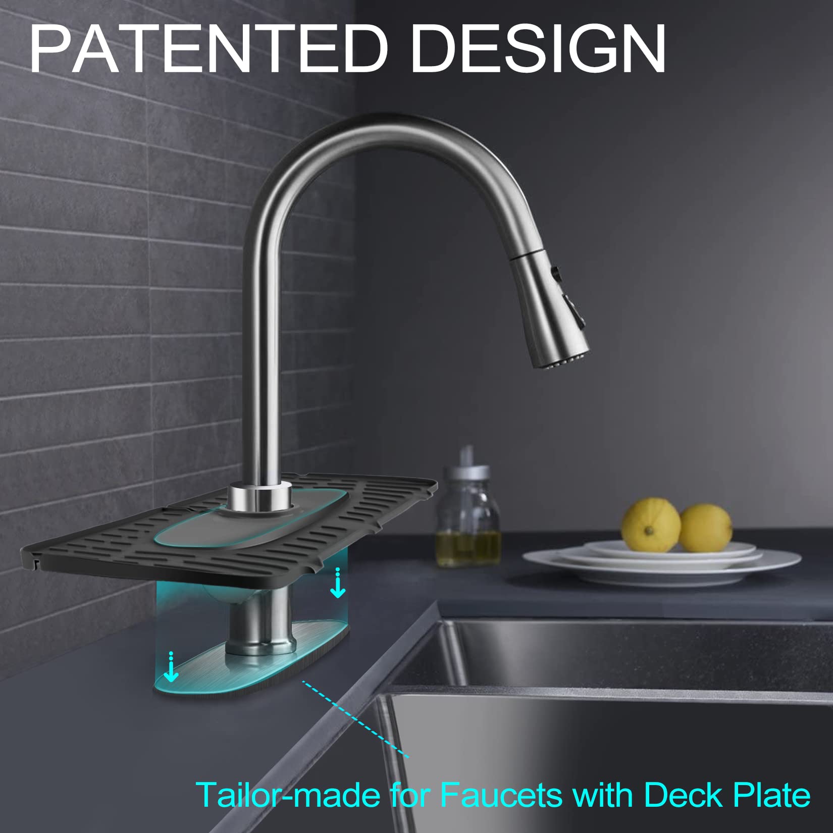 Kingmall Silicone Faucet Mat, Kitchen Faucet Mat For Drip Catcher, 100% Food Grade Silicone, Black, Deck Mount, Single Hole, Reusable, For Faucets With 1Cm(0.4 Inch) Deck Plate