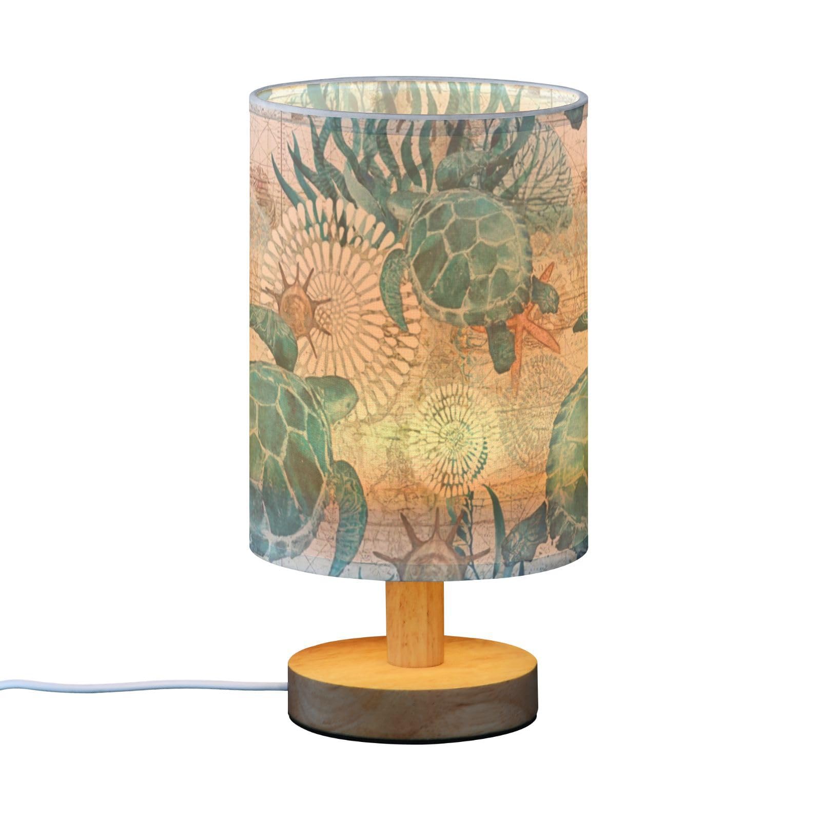 Litebear Small Table Lamp For Bedroom - Bedside Lamps For Nightstand, Sea Ocean Turtle Teal Round Fabric Shade, Desk Reading Lamp For Kids Room Living Room Office Dorm
