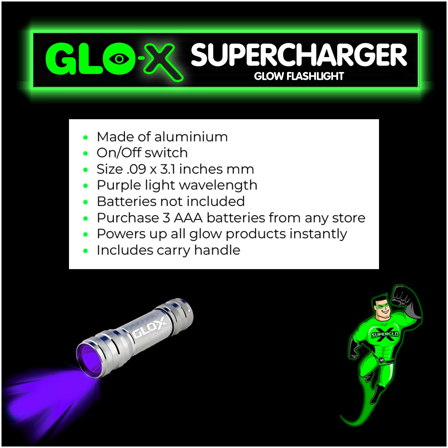 Glo-X Supercharger Uv Black Light Led Flashlight - Powerful High-Intensity Blacklight Charges All Glow In The Dark Products For Glow-In-The-Dark Paint, Charms, Fishing And Camping