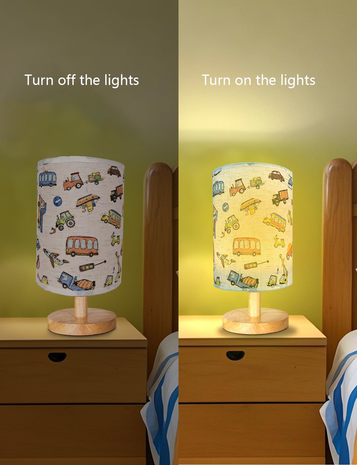Gftdns Kids Lamps For Bedrooms Boys,Car Lamp,3 Level Dimmable Wood Nightstand Desk Base Flaxen Fabric Shade For Bedroom Living Room,Car For Boys
