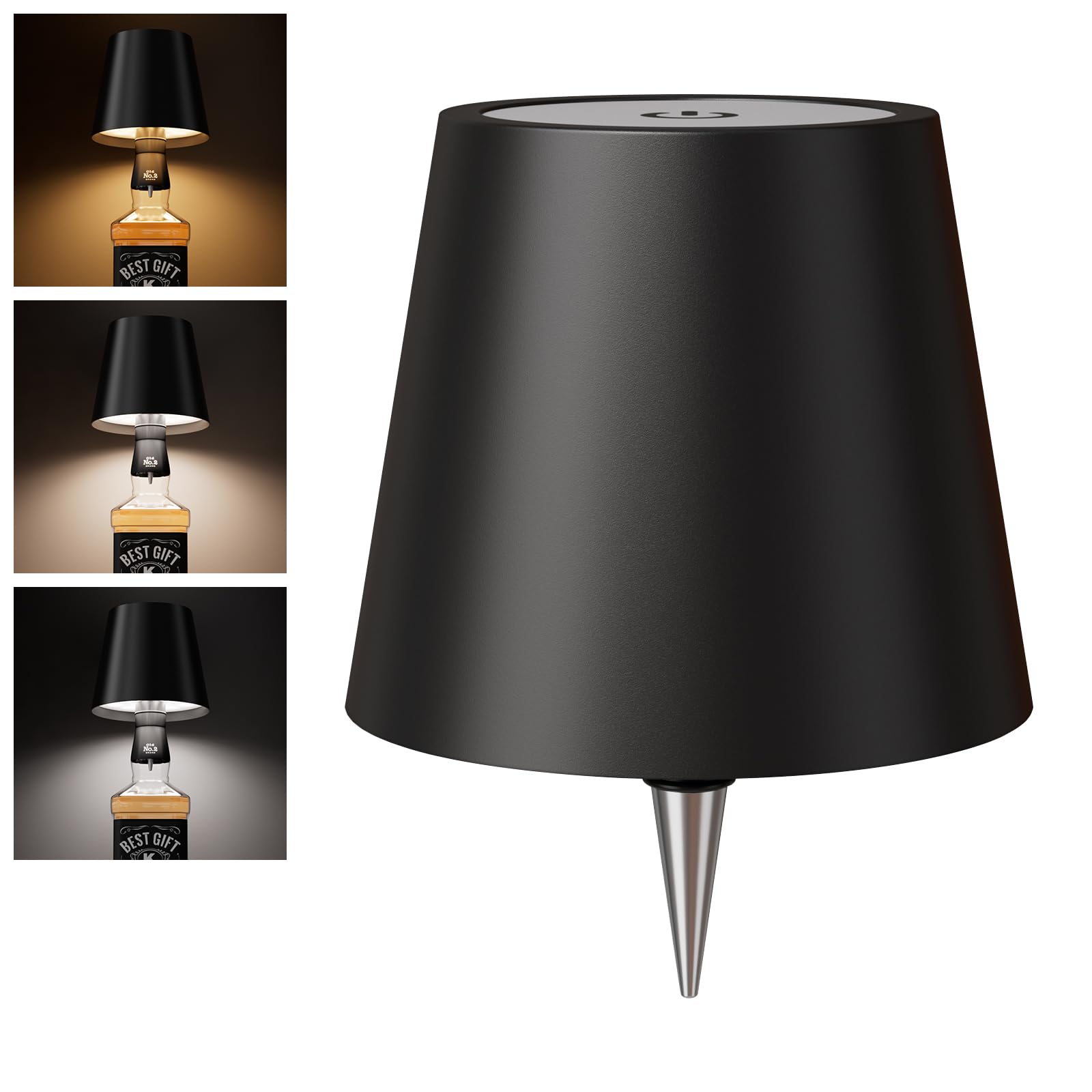 Nulmvic Wireless Bottle Lamp Shade - Portable Led Wine Bottle Lamp With Stopper, 3 Color Stepless Dimming Rechargeable Touch Wine Bottle Lights For Any Liquor Bottle Bars Restaurants (Black, 1 Pack)