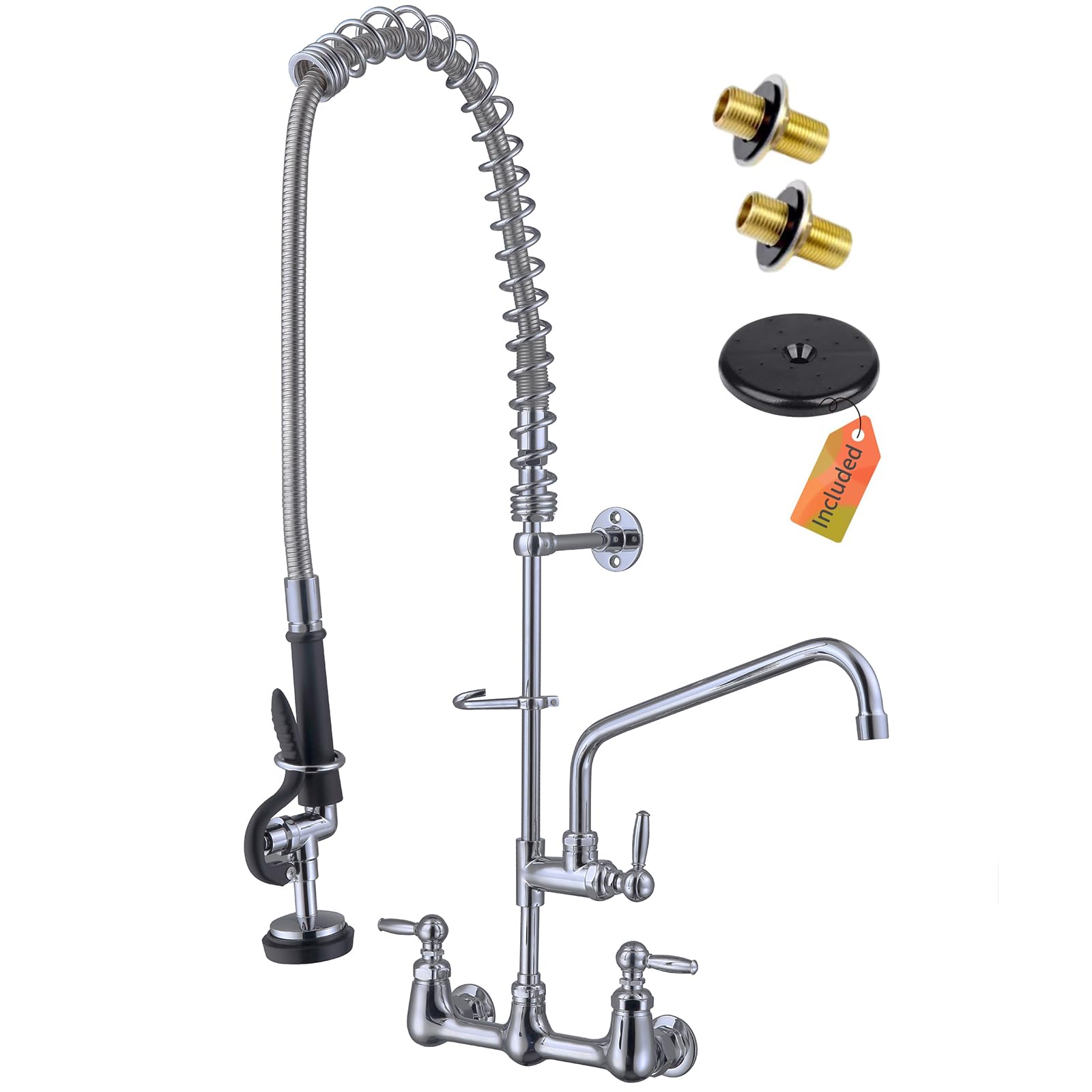 Golrean Commercial Sink Faucet With Pre Rinse Sprayer, Wall Mount Kitchen Faucet For 3 Compartment Sink, 36" Height, 8 Inch Restaurant Commercial Faucet With 12’’ Spout, Brass, Industrial