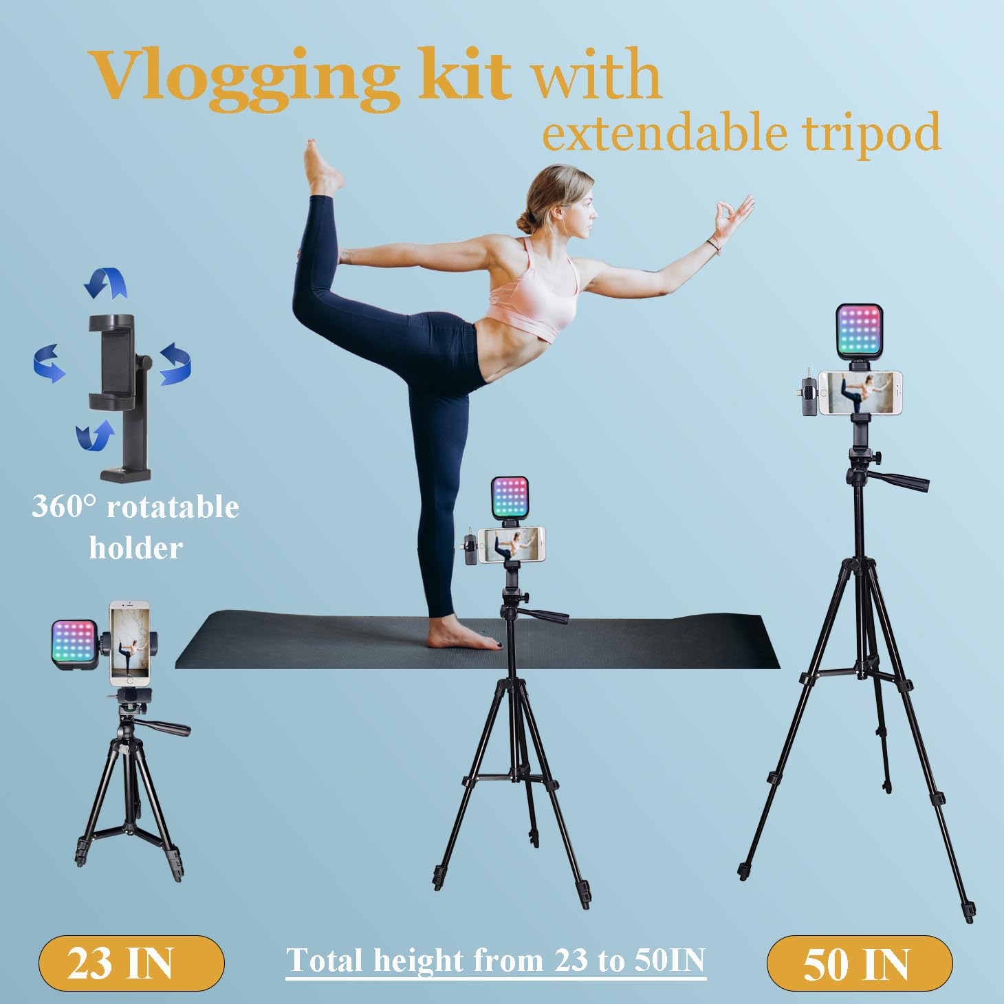 Litchitech Vlogging Kit For Iphone, Vlogging Kit For Andriod Phone, Content Creator Essentials W/Rotatableholder/Lavalier Mic/Rgb Light/Remote/Extendable Tripod (50In Tripod)